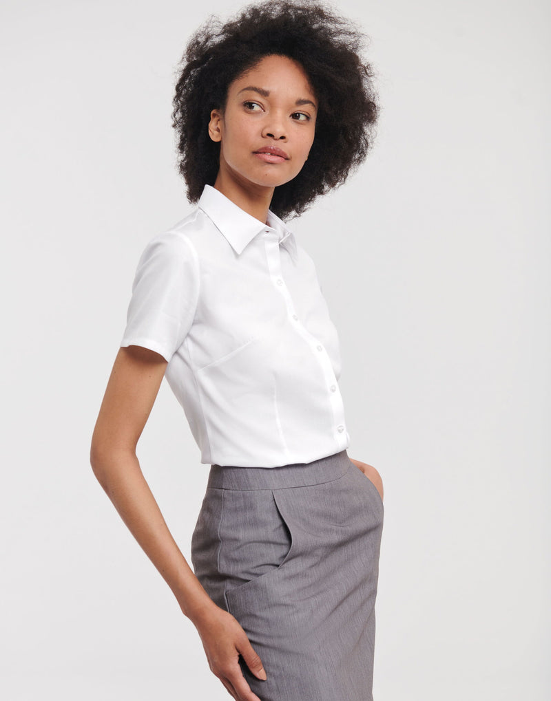 Russell Collection Ladies' Short Sleeve Tailored Herringbone Shirt - White
