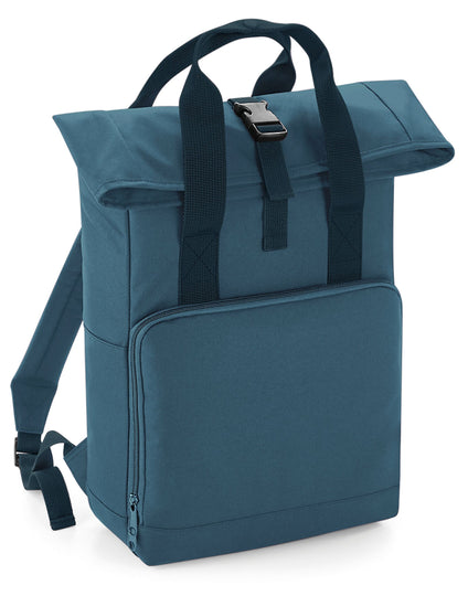 Front view of a blue Bagbase Twin-Handle Roll-Top Backpack with handles up.