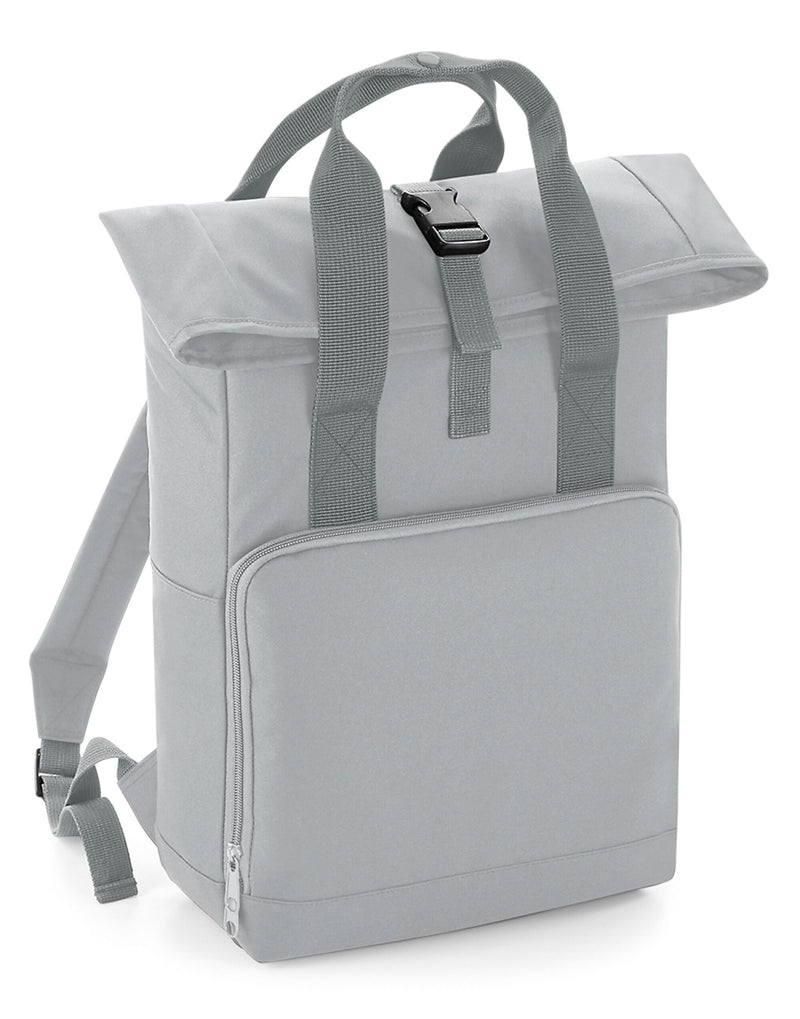 Angled view of a dusty grey Bagbase Twin-Handle Backpack.