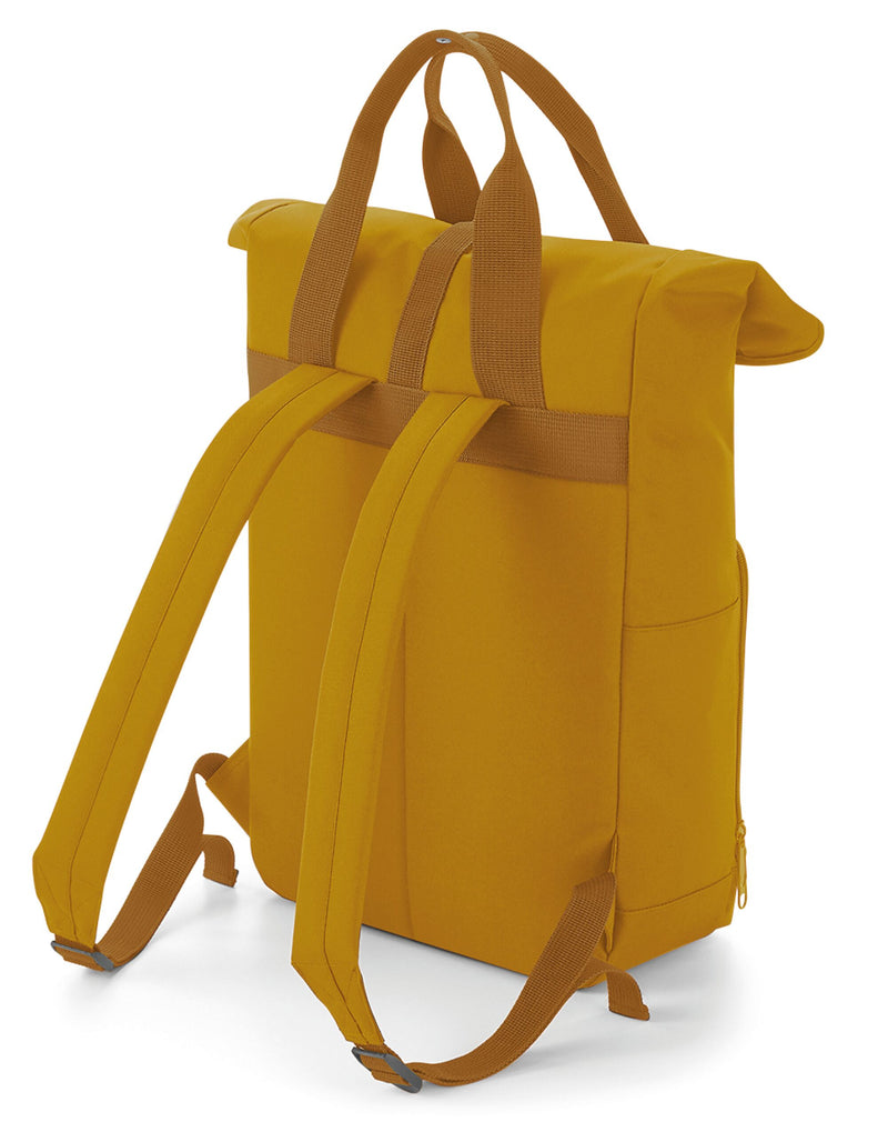A person adjusting the straps on a yellow Twin-Handle Backpack.