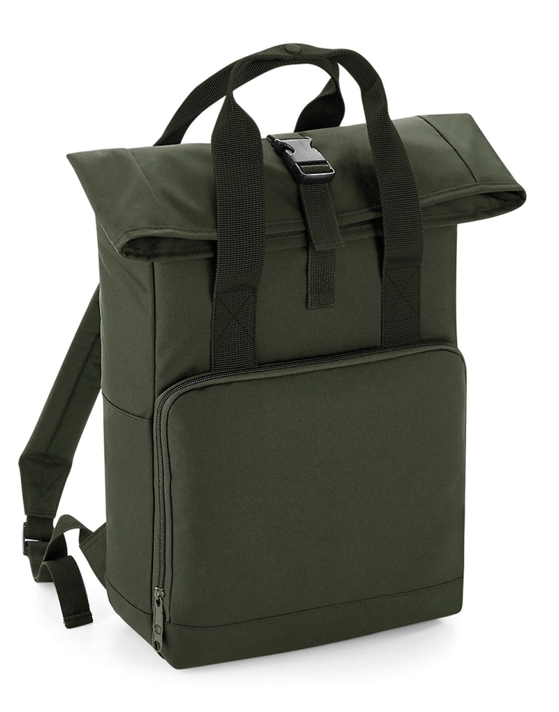 Close-up on the fabric texture of the olive backpack.