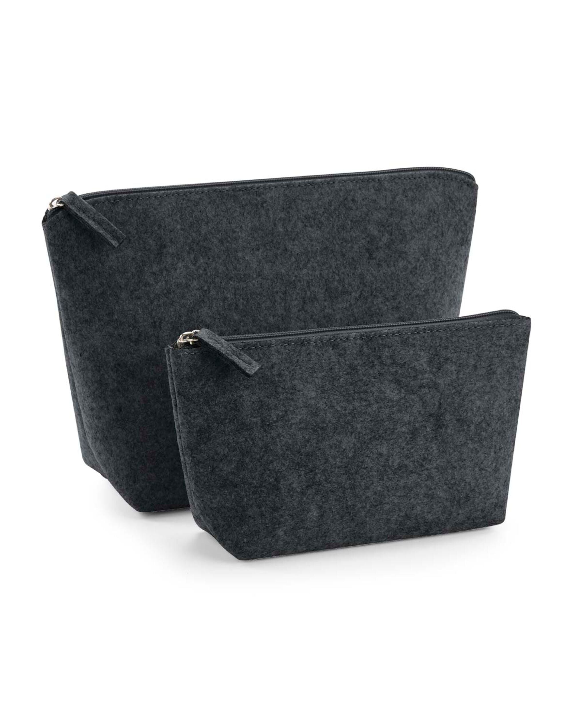 A collection of Bagbase Felt Accessory Bags in both light and dark grey marl.