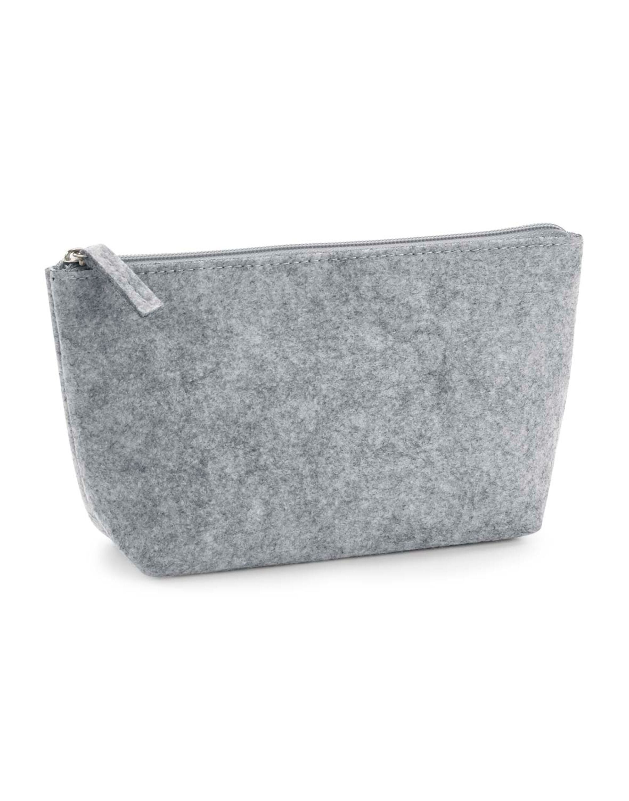 Angled profile of the light grey felt accessory bag, showcasing its sleek form.