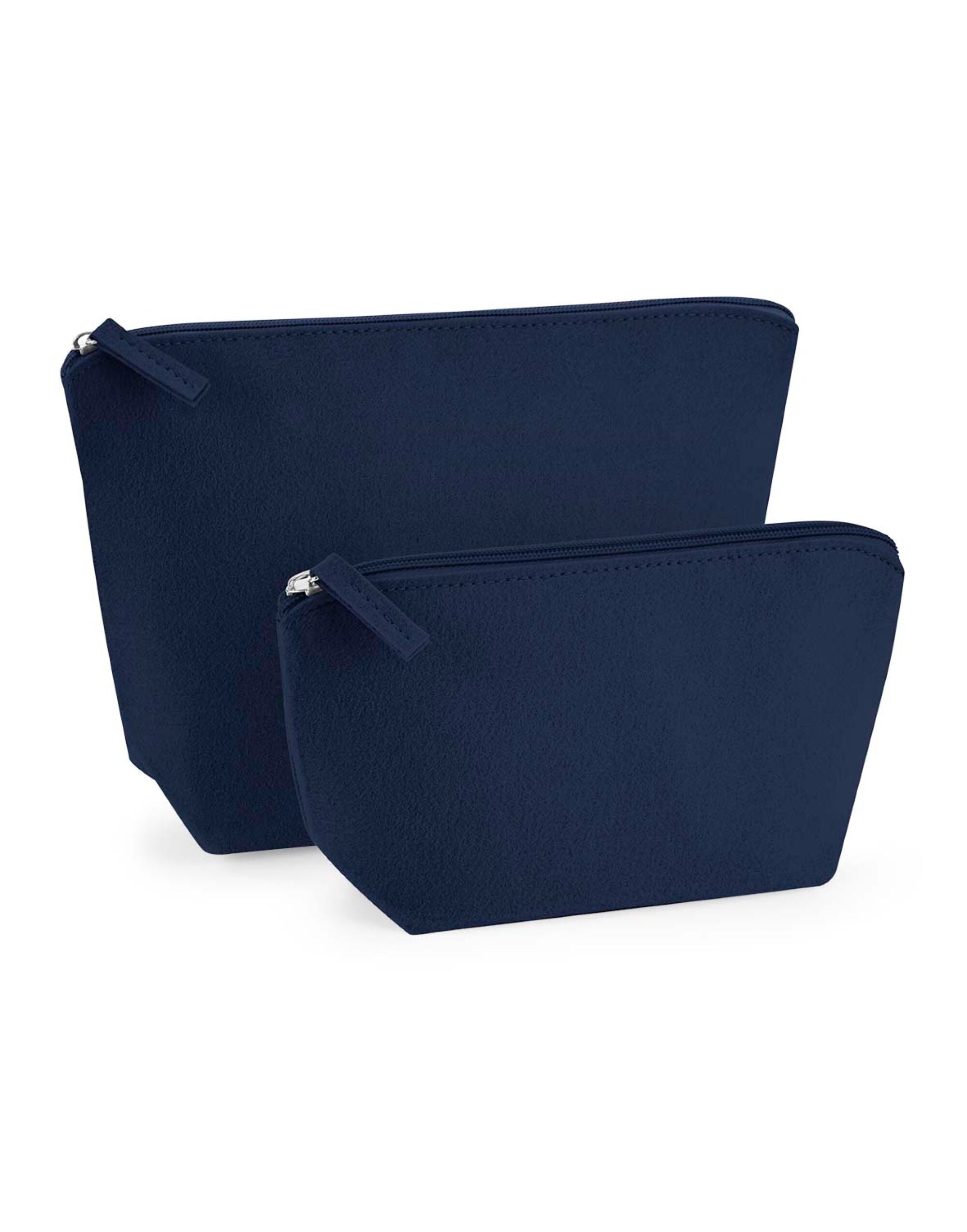 The dark grey Bagbase Felt Accessory Bag shown in hand to illustrate its size.