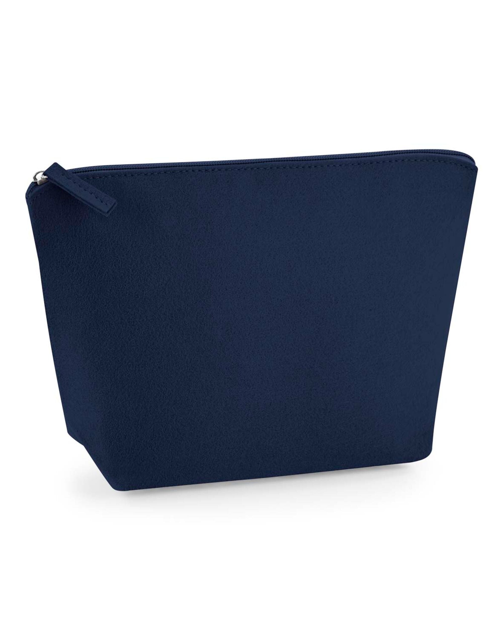 A flat lay of the light grey Bagbase Felt Accessory Bag next to a notebook for scale.