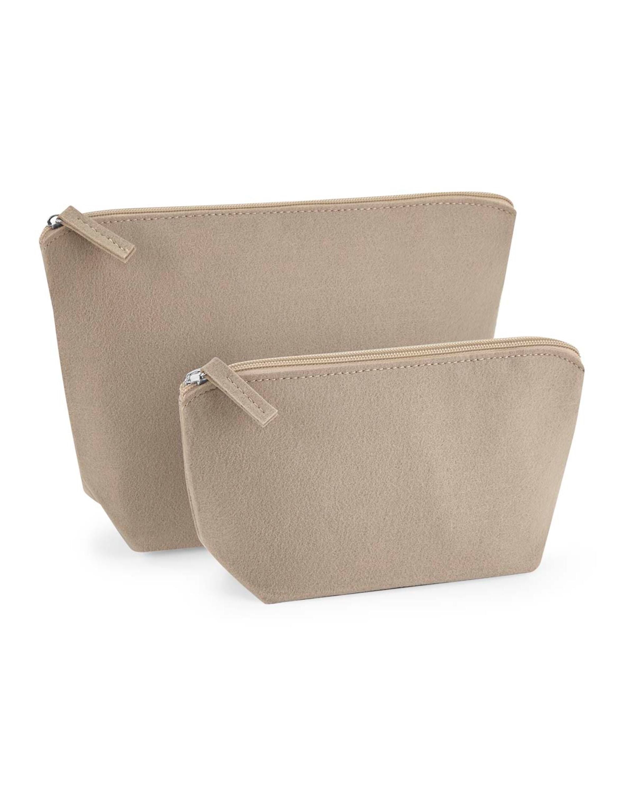 Side view of the light grey felt accessory bag, showing its slim and packable profile.