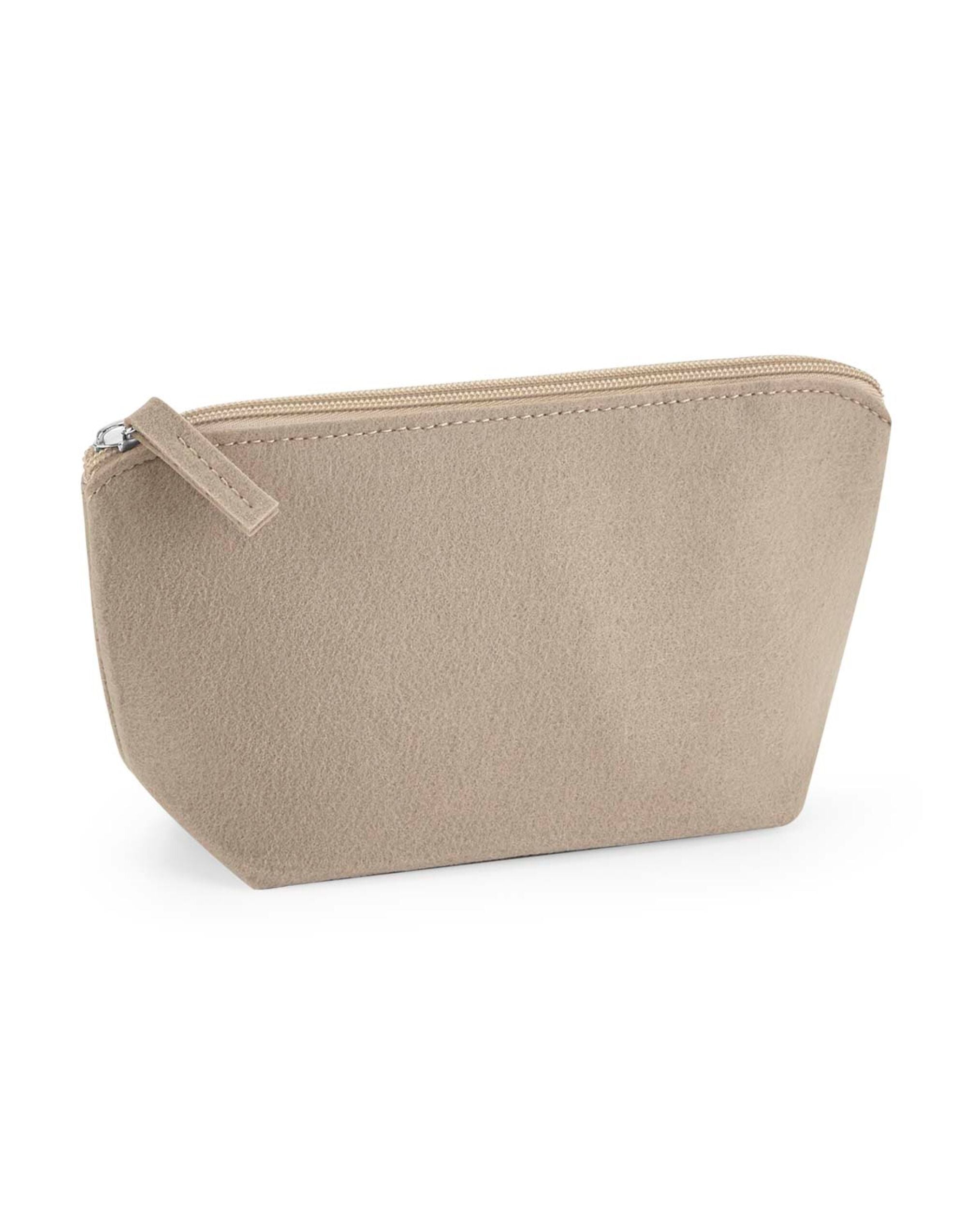 The light grey felt pouch, shown with its zipper partially open.