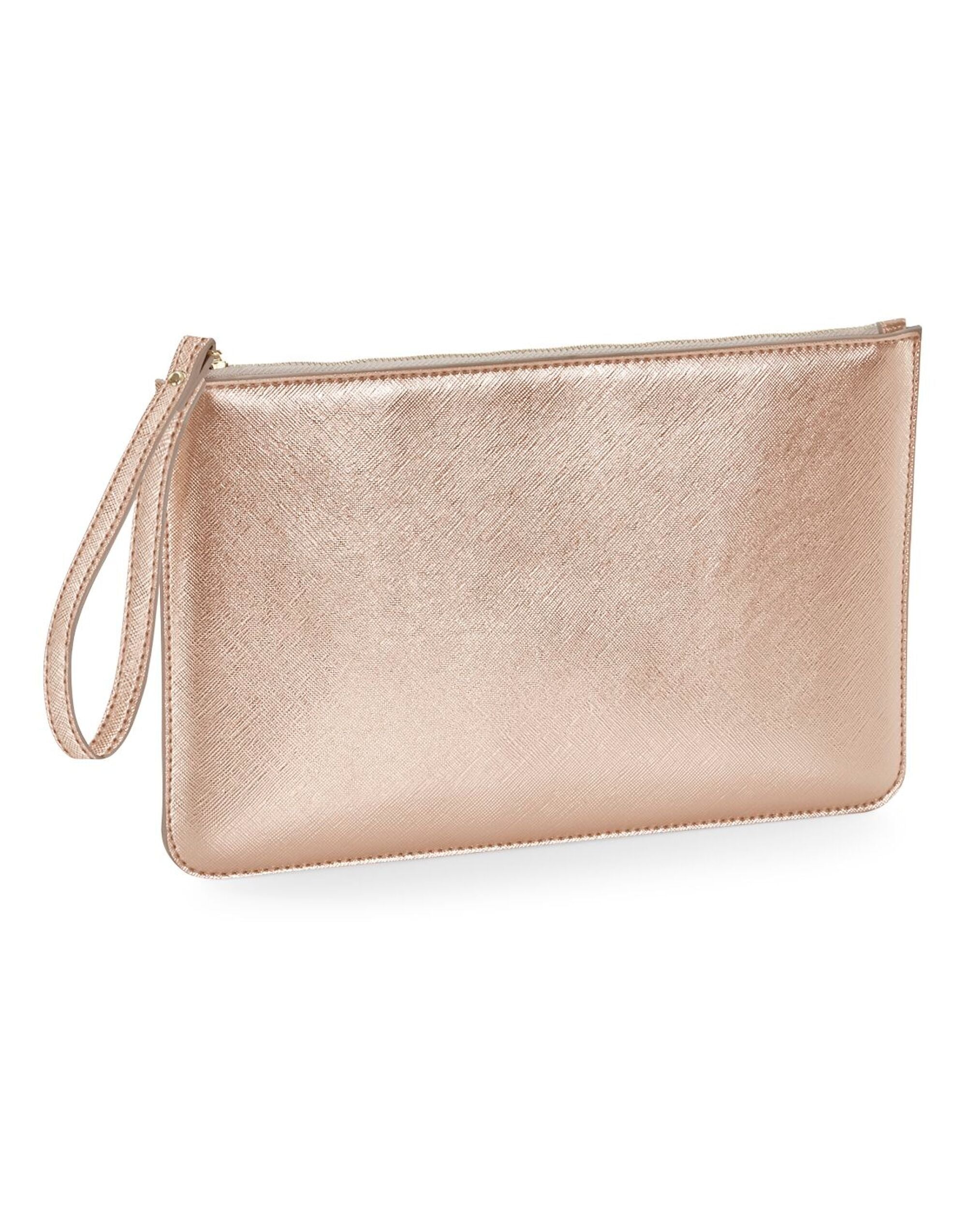 A flat lay of the white pouch next to makeup items to demonstrate its use.