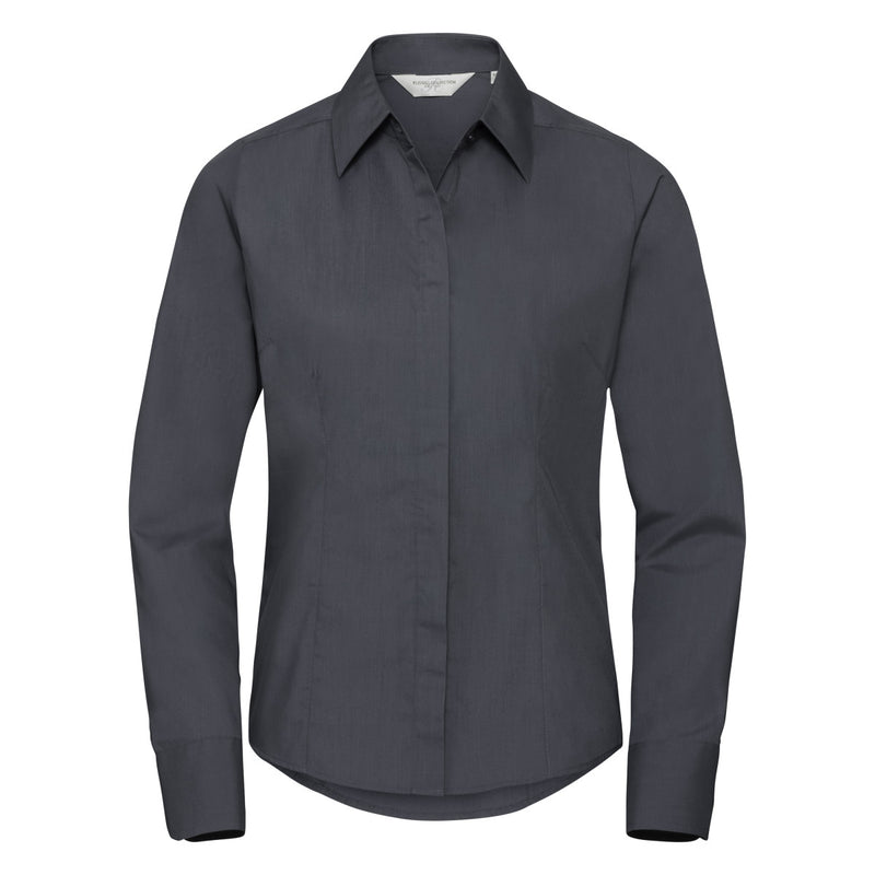 Russell Collection Ladies' Long Sleeve Fitted Polycotton Poplin Shirt - Convoy Grey