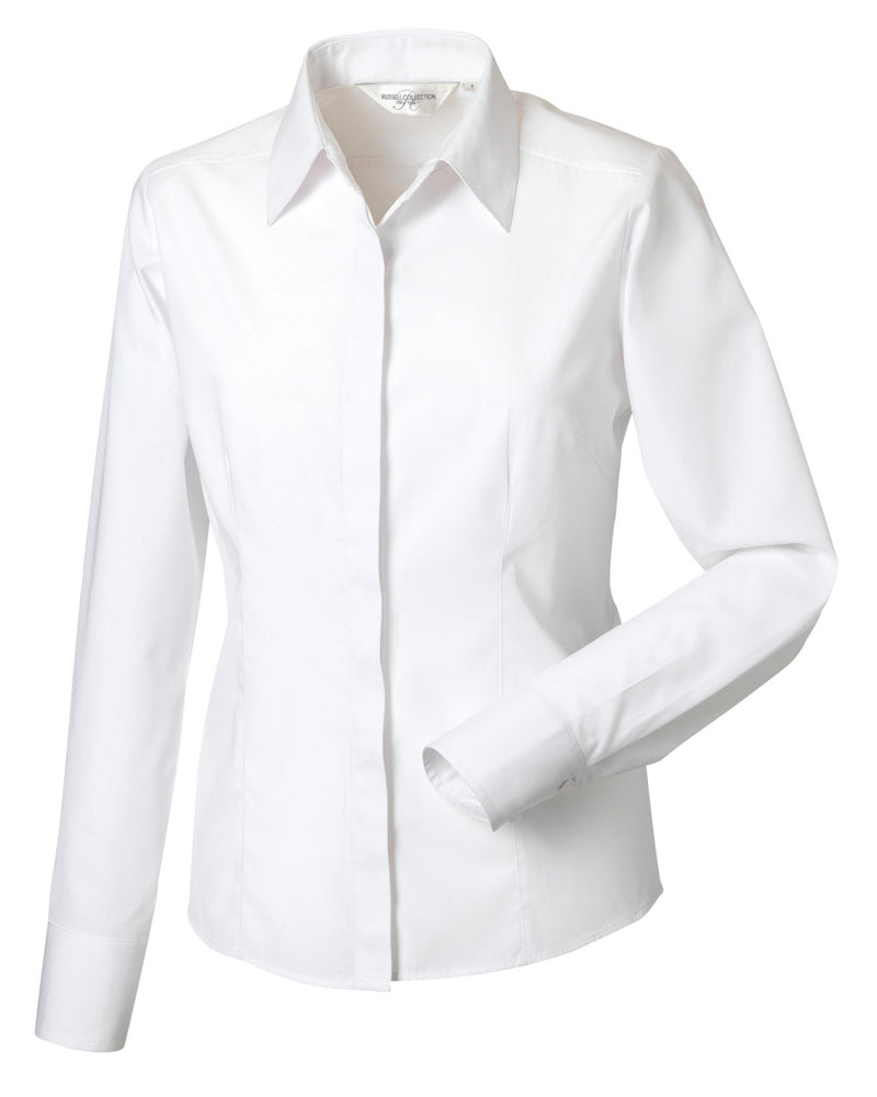Russell Collection Ladies' Long Sleeve Fitted Polycotton Poplin Shirt - White