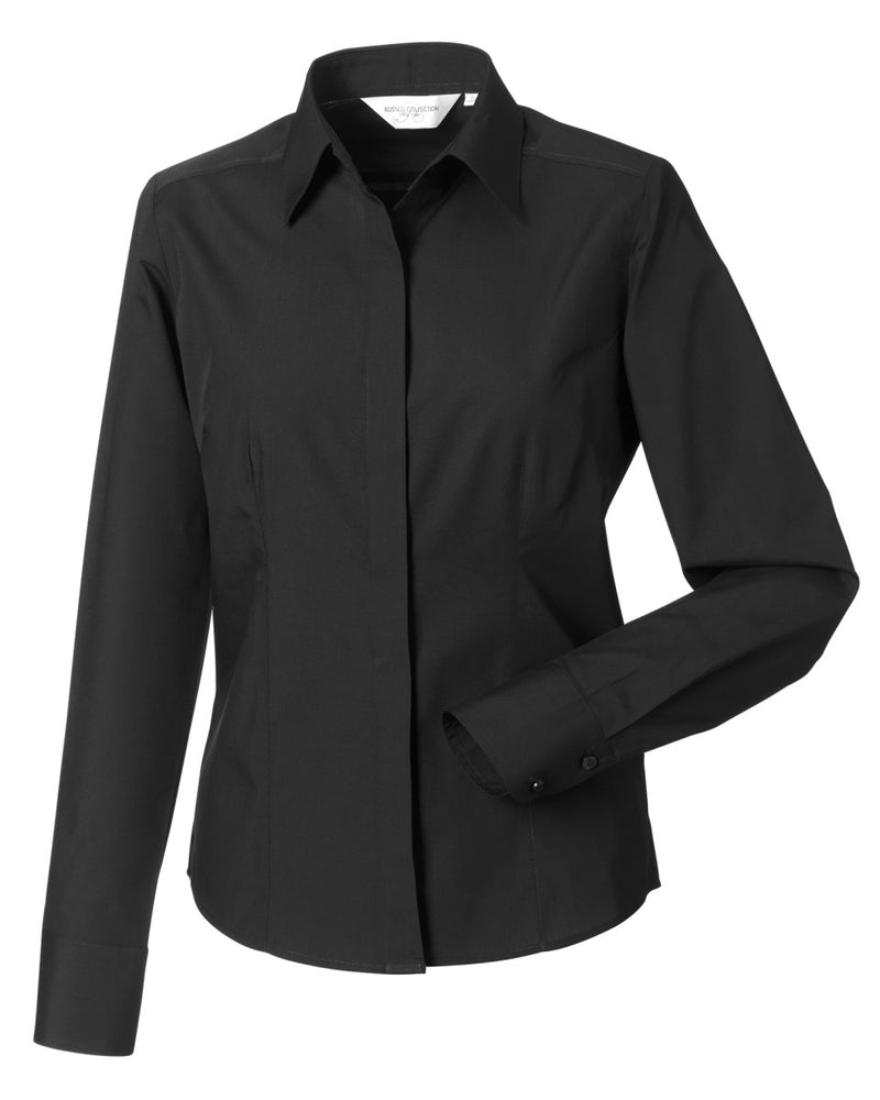 Russell Collection Ladies' Long Sleeve Fitted Polycotton Poplin Shirt - Black
