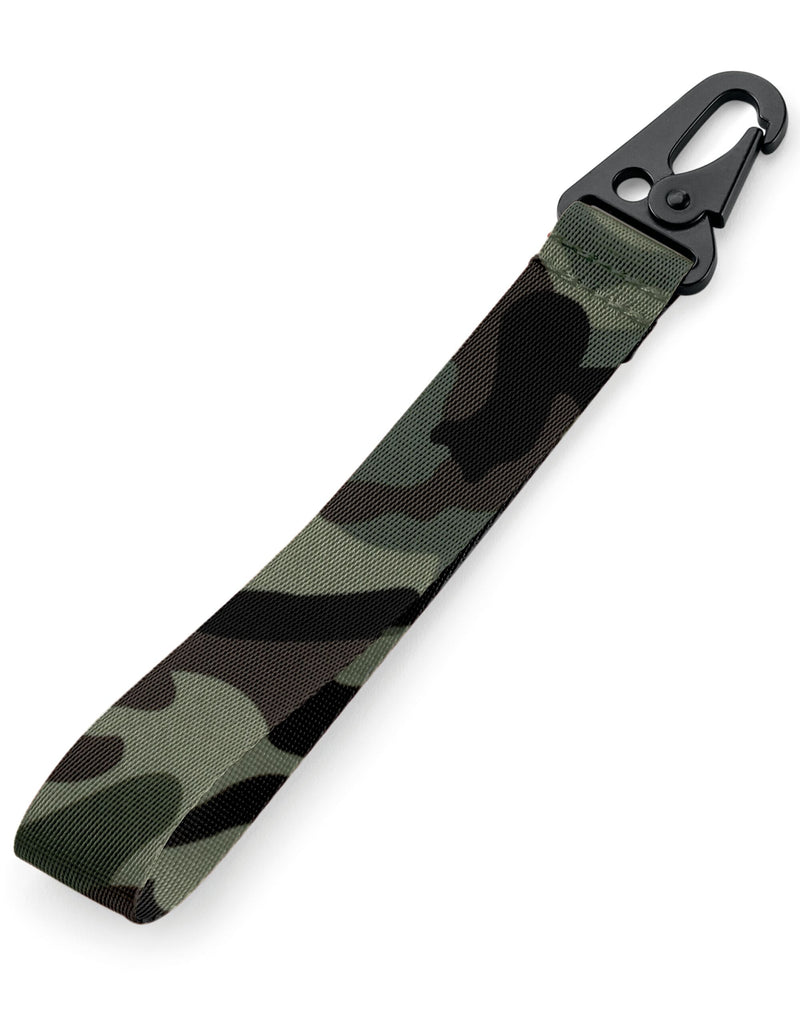 Angled view of a green Bagbase Brandable Key Clip.