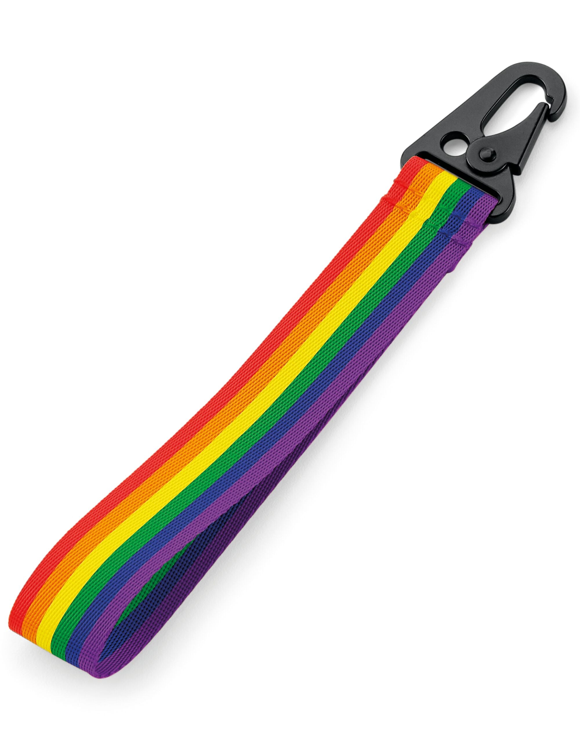 Rainbow wrist strap with metal clip hook, featuring red, orange, yellow, green, blue, and purple stripes