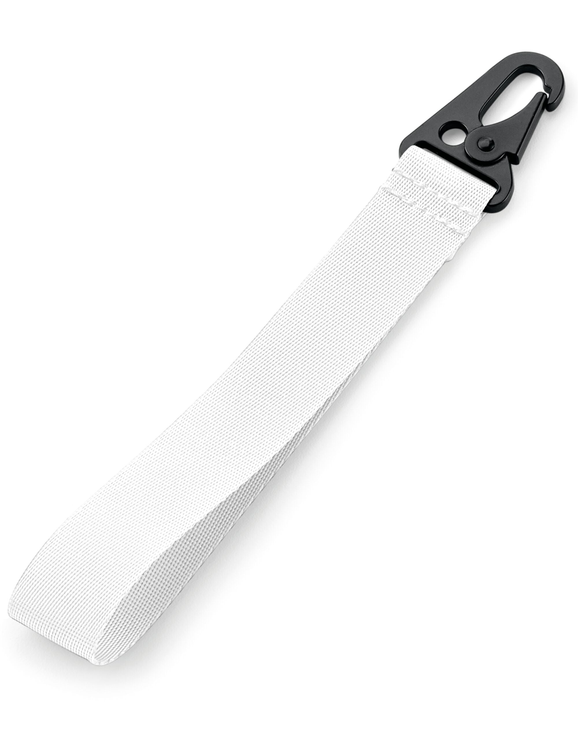A white Bagbase Brandable Key Clip showcasing its simple design.