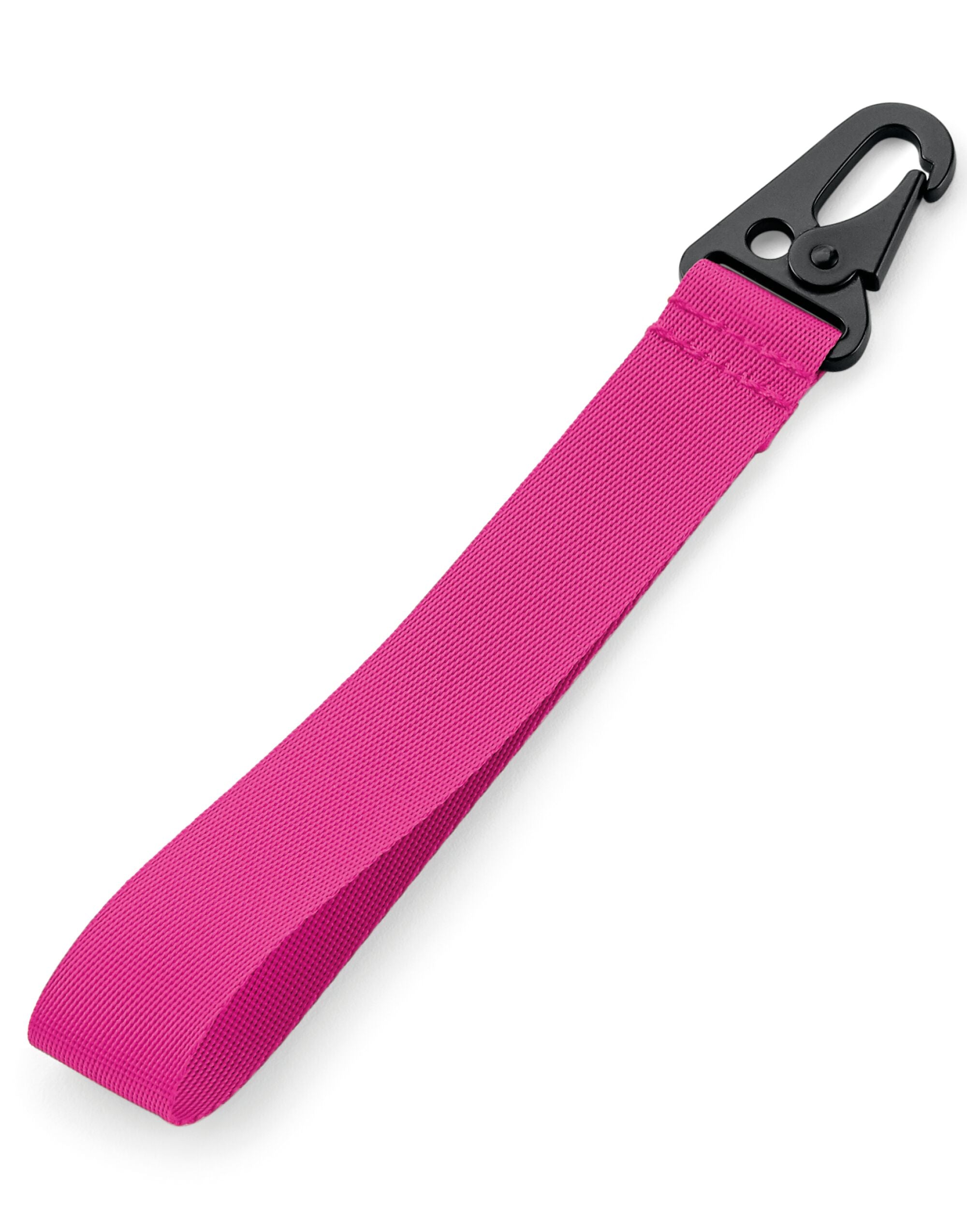 Close-up of a Pink Bagbase Brandable Key Clip showing fabric texture.