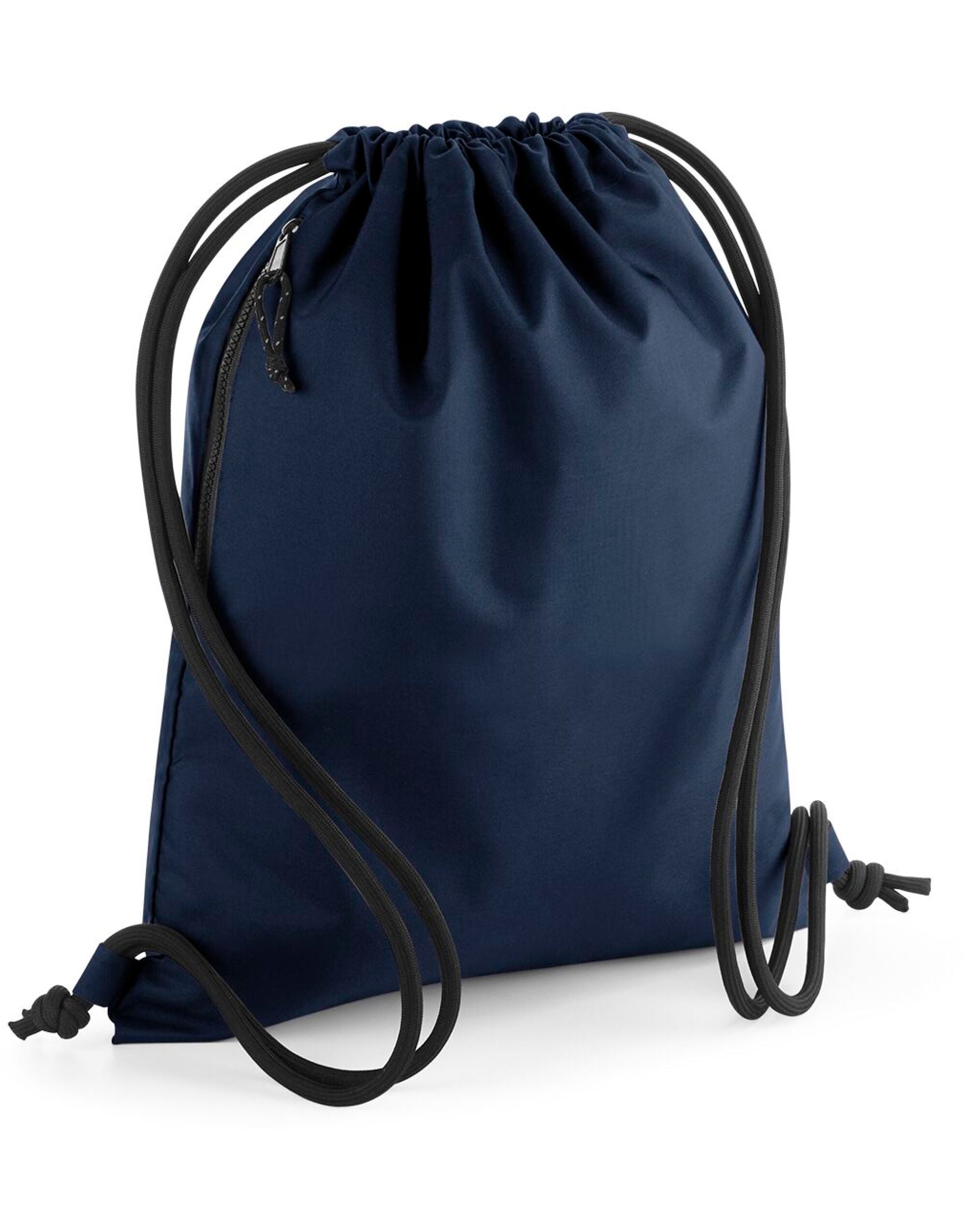 Bolsa de gimnasio reciclada Bagbase en gris claro siendo usada por una persona.