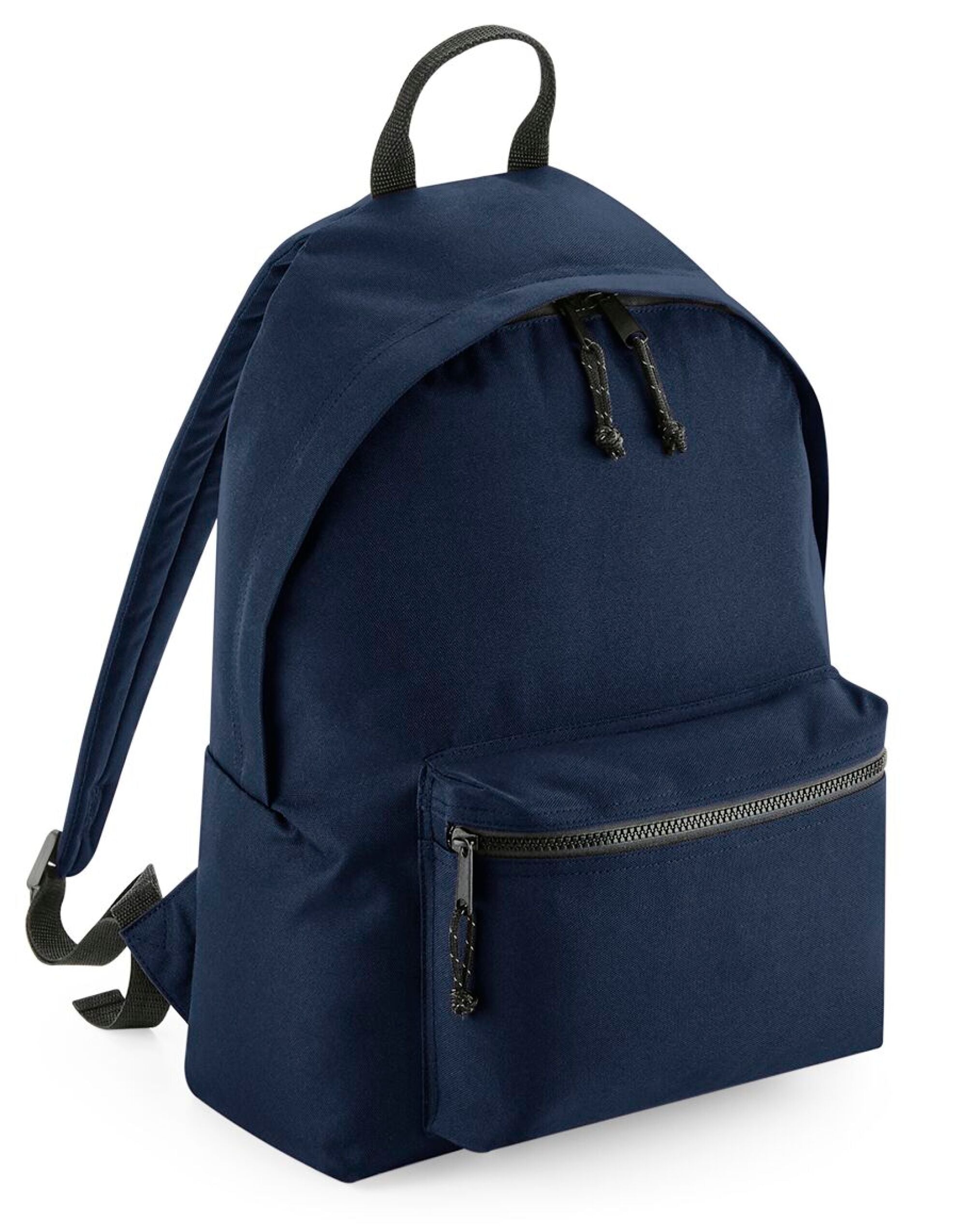 Front view of the Bagbase recycled backpack, showcasing its main zippered compartment