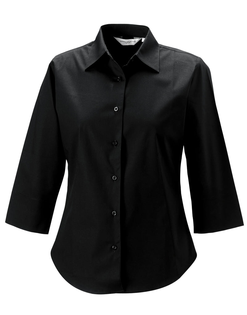 Russell Collection Ladies' 3/4 Sleeve Fitted Stretch Shirt - Black