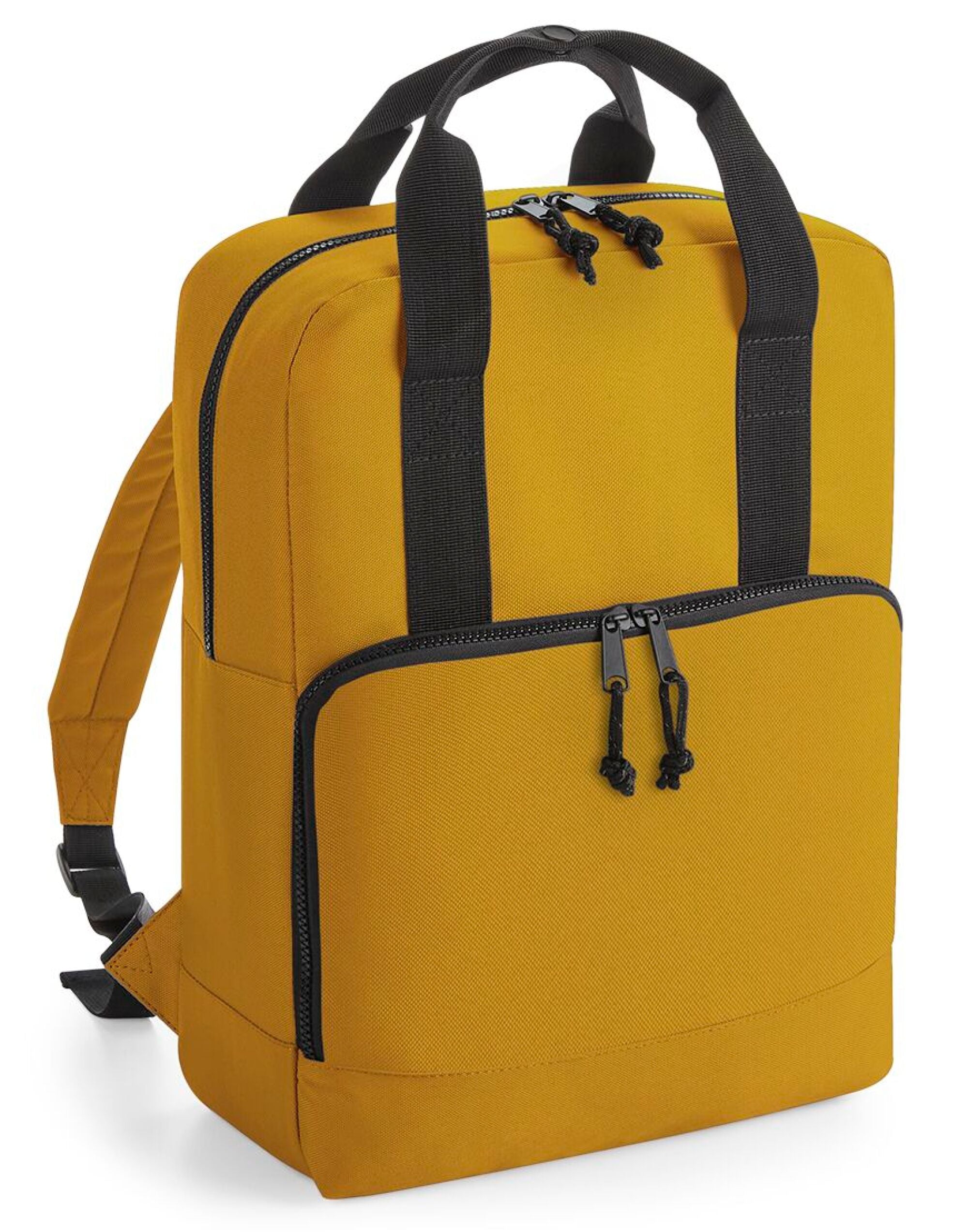 Angled shot of the Bagbase recycled mini cooler bag, showing its boxy shape and recycled polyester material.