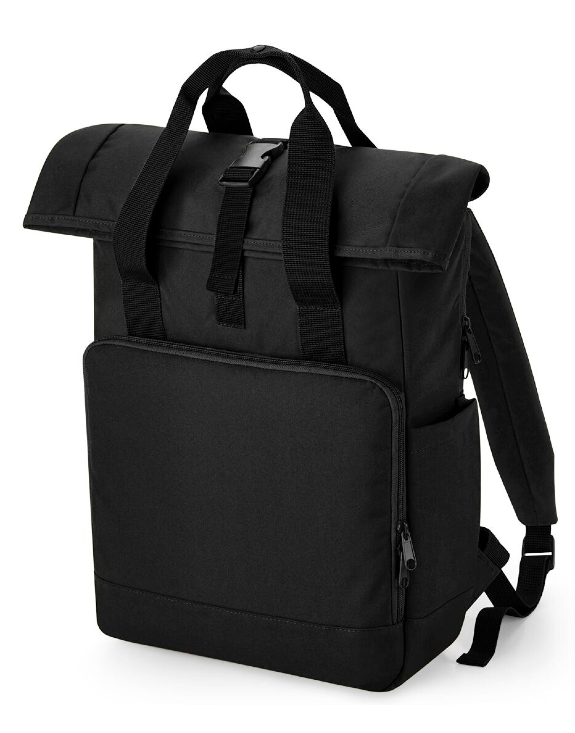 Child wearing a black Bagbase Junior Fashion Backpack.