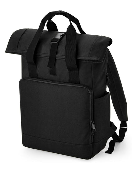 Child wearing a black Bagbase Junior Fashion Backpack.