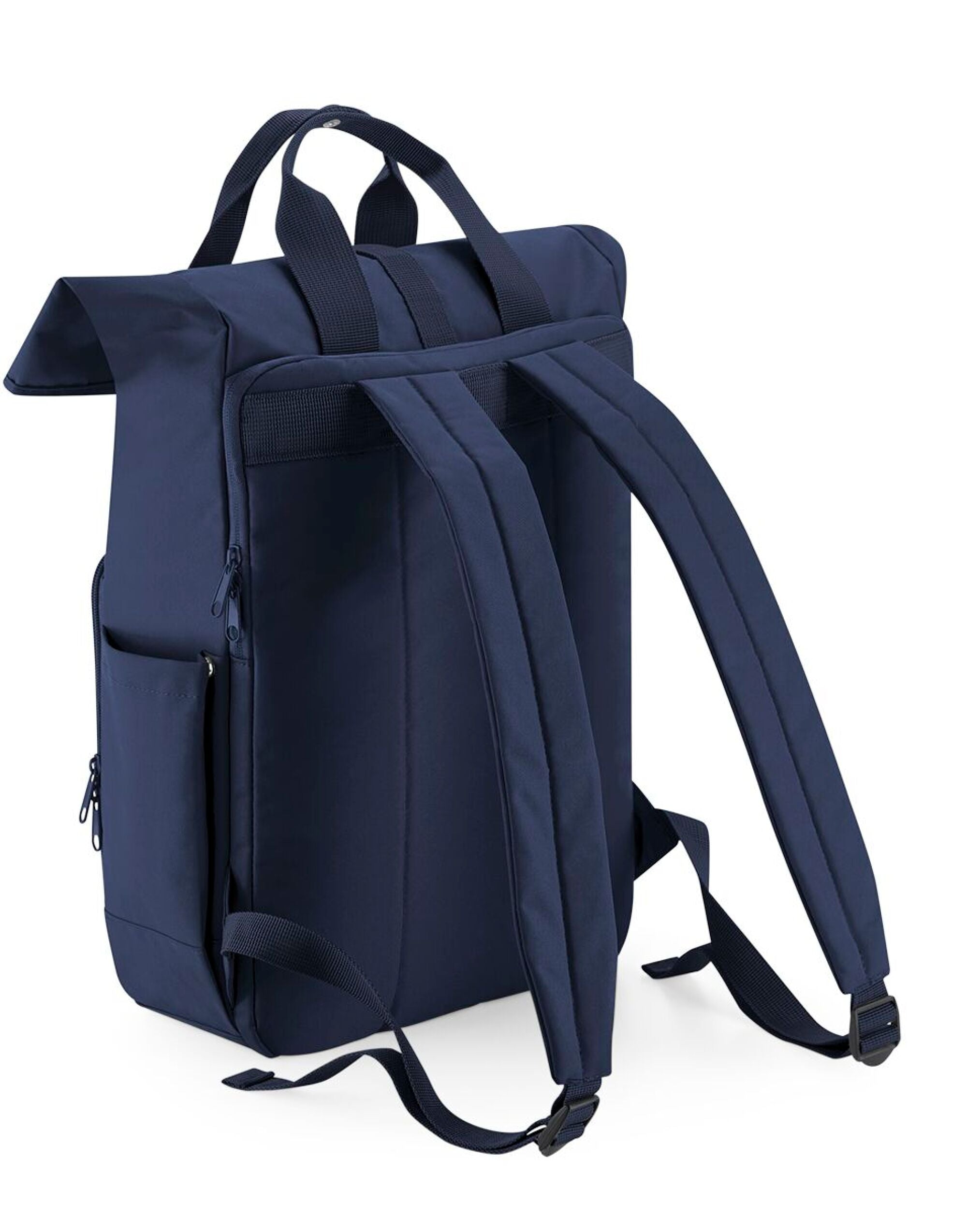 A graphite navy blue junior fashion backpack with black trim.
