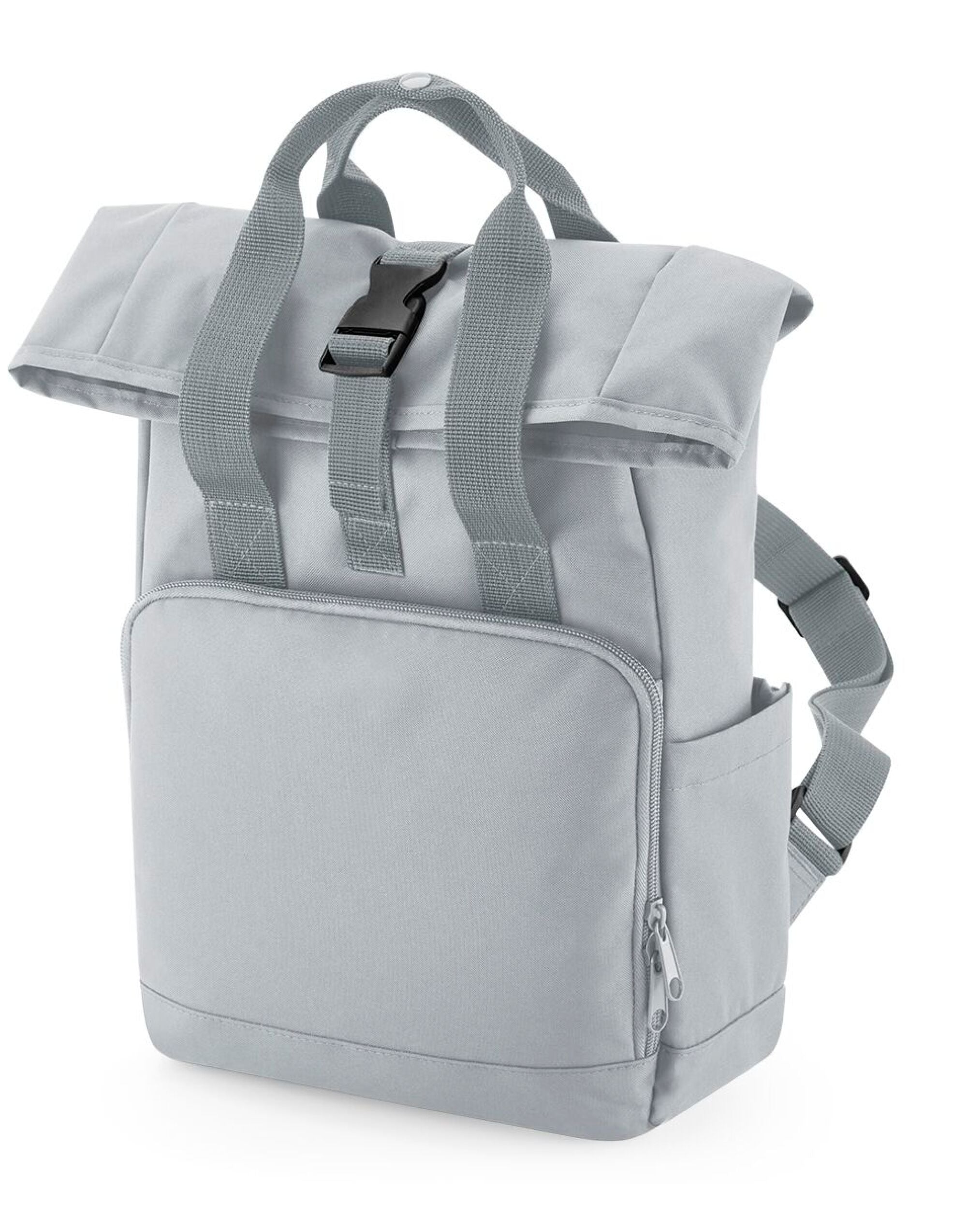 A grey junior fashion backpack with a water bottle in the side pocket.