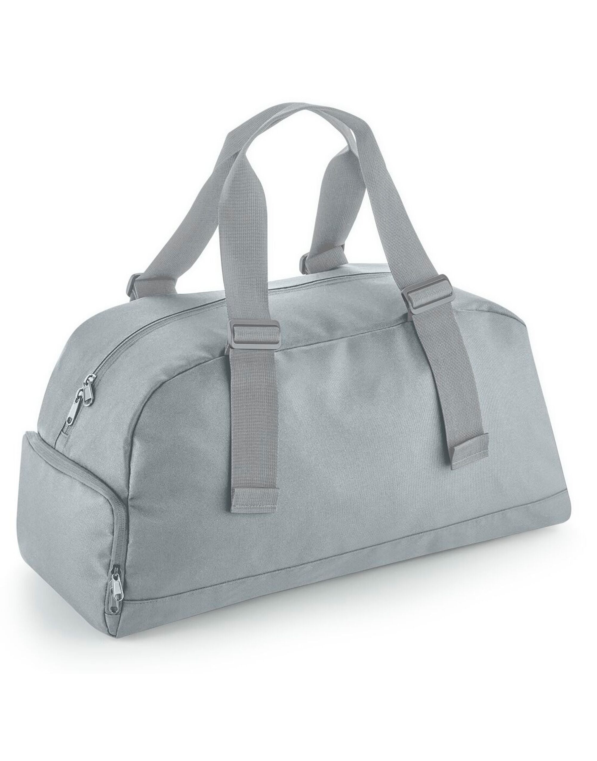 A grey across-body bag with multiple zip pockets.