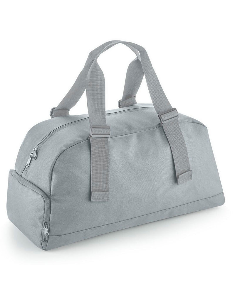 A grey across-body bag with multiple zip pockets.