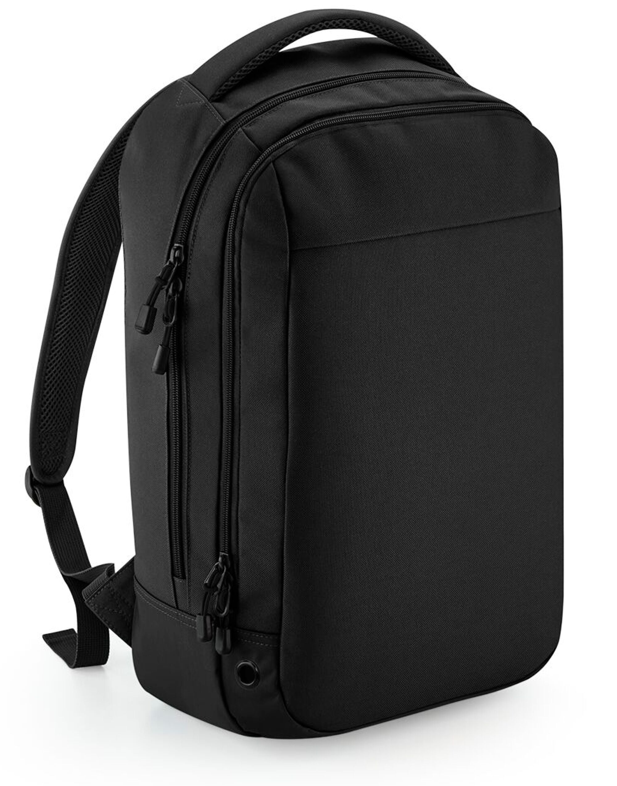 Front view of the Bagbase Athleisure Sports Backpack in black, featuring a modern, streamlined design.