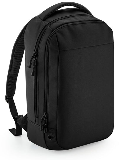 Front view of the Bagbase Athleisure Sports Backpack in black, featuring a modern, streamlined design.