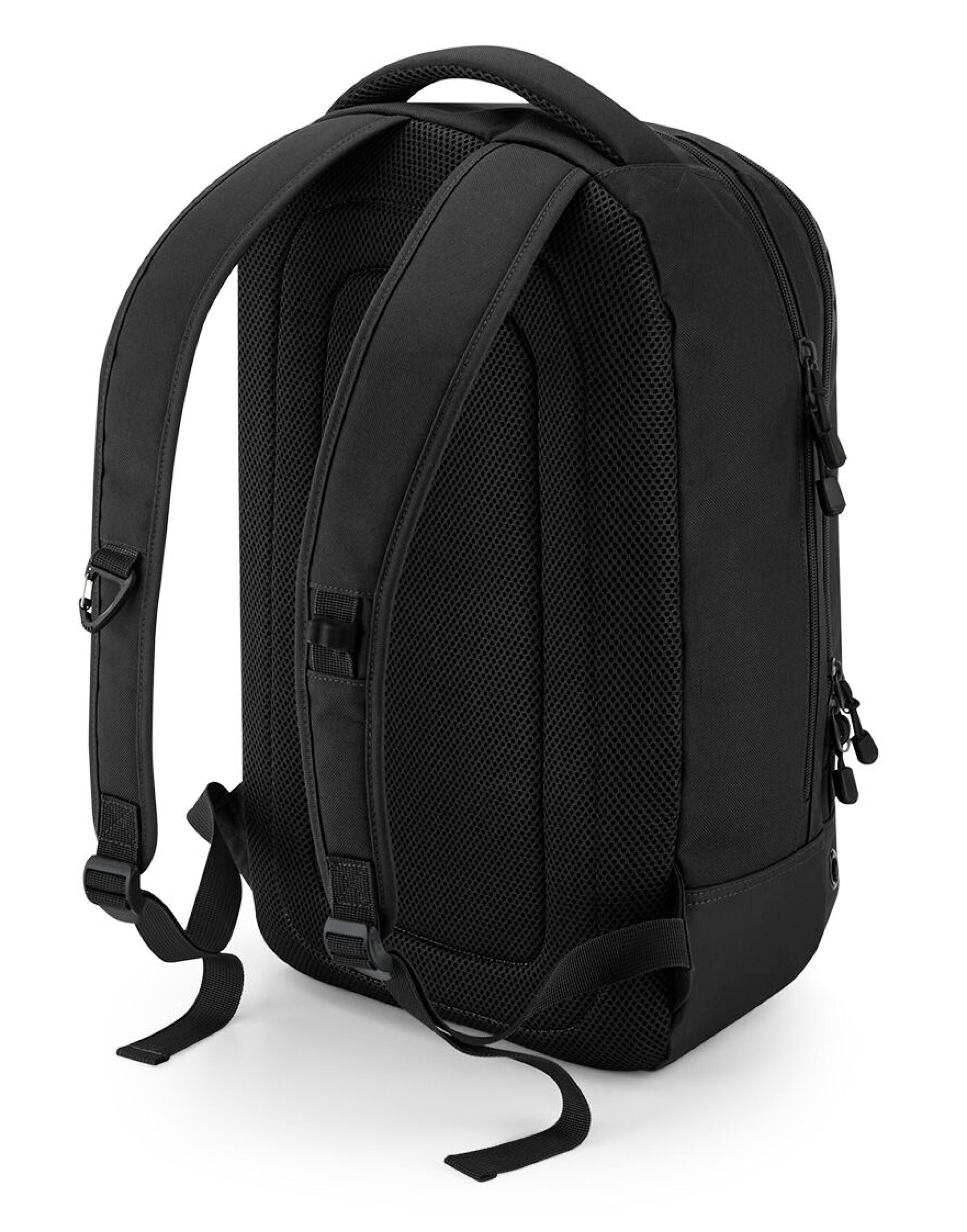 Side profile of the black Bagbase Athleisure Sports Backpack, highlighting its ventilated shoe compartment.