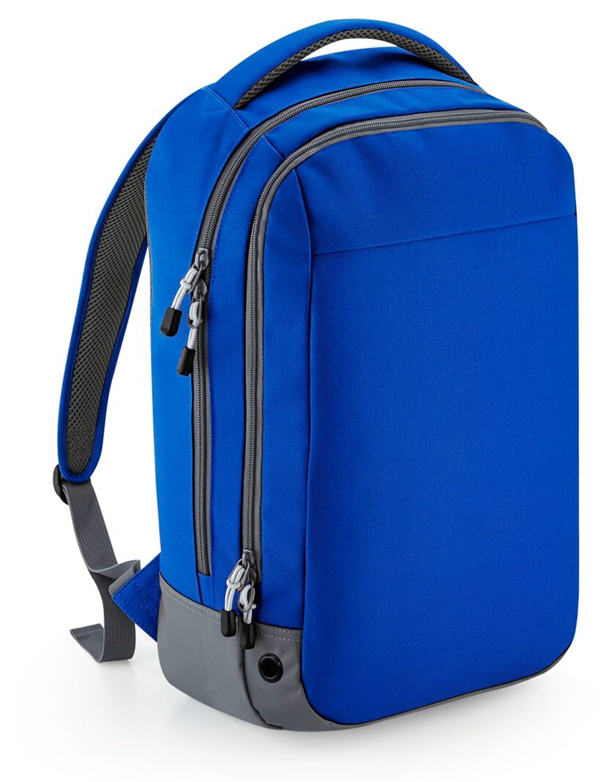 Back view of the heather grey Bagbase Athleisure Sports Backpack, displaying the padded back panel and straps.