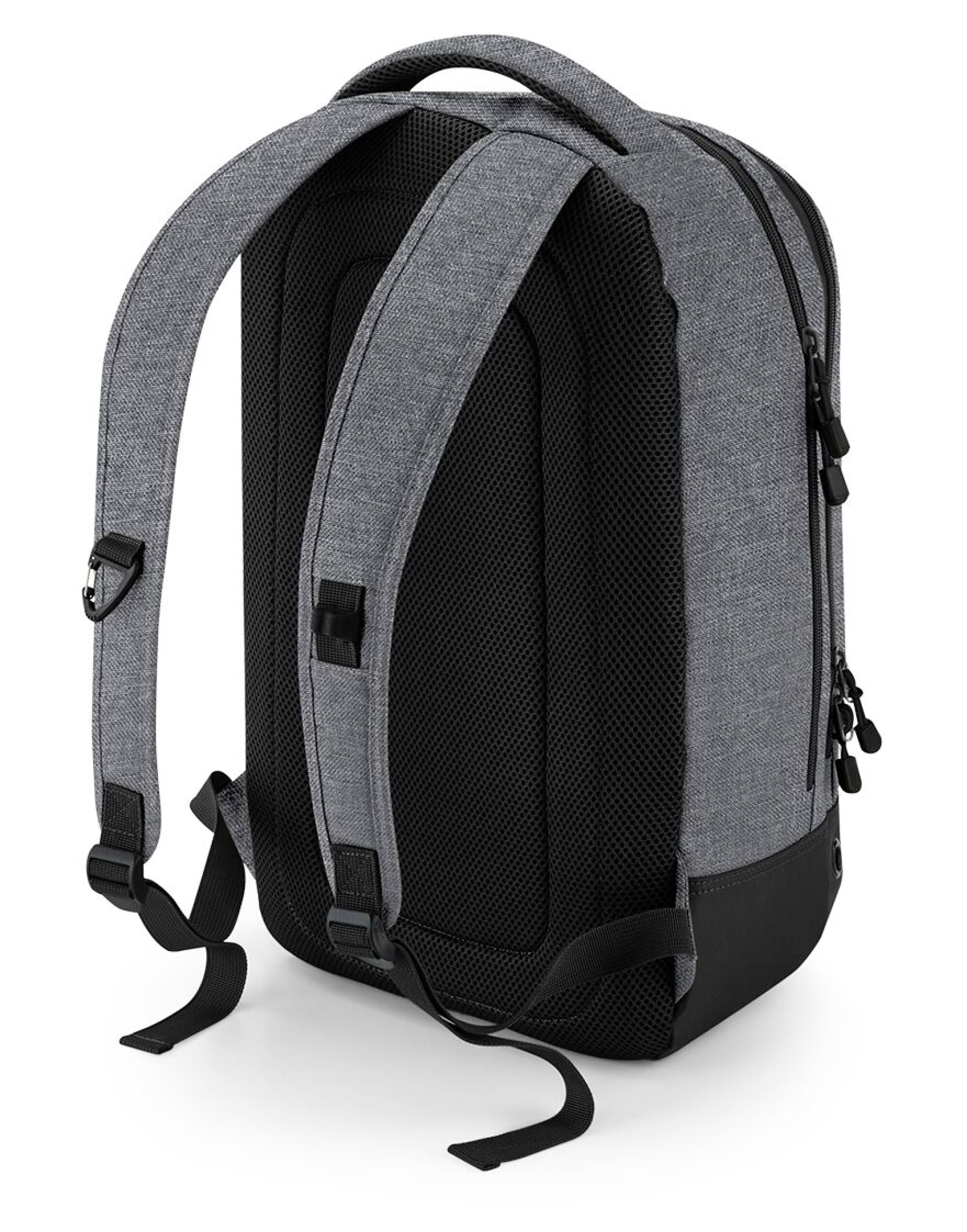 A person wearing the black Bagbase Athleisure Sports Backpack to demonstrate its ergonomic fit.