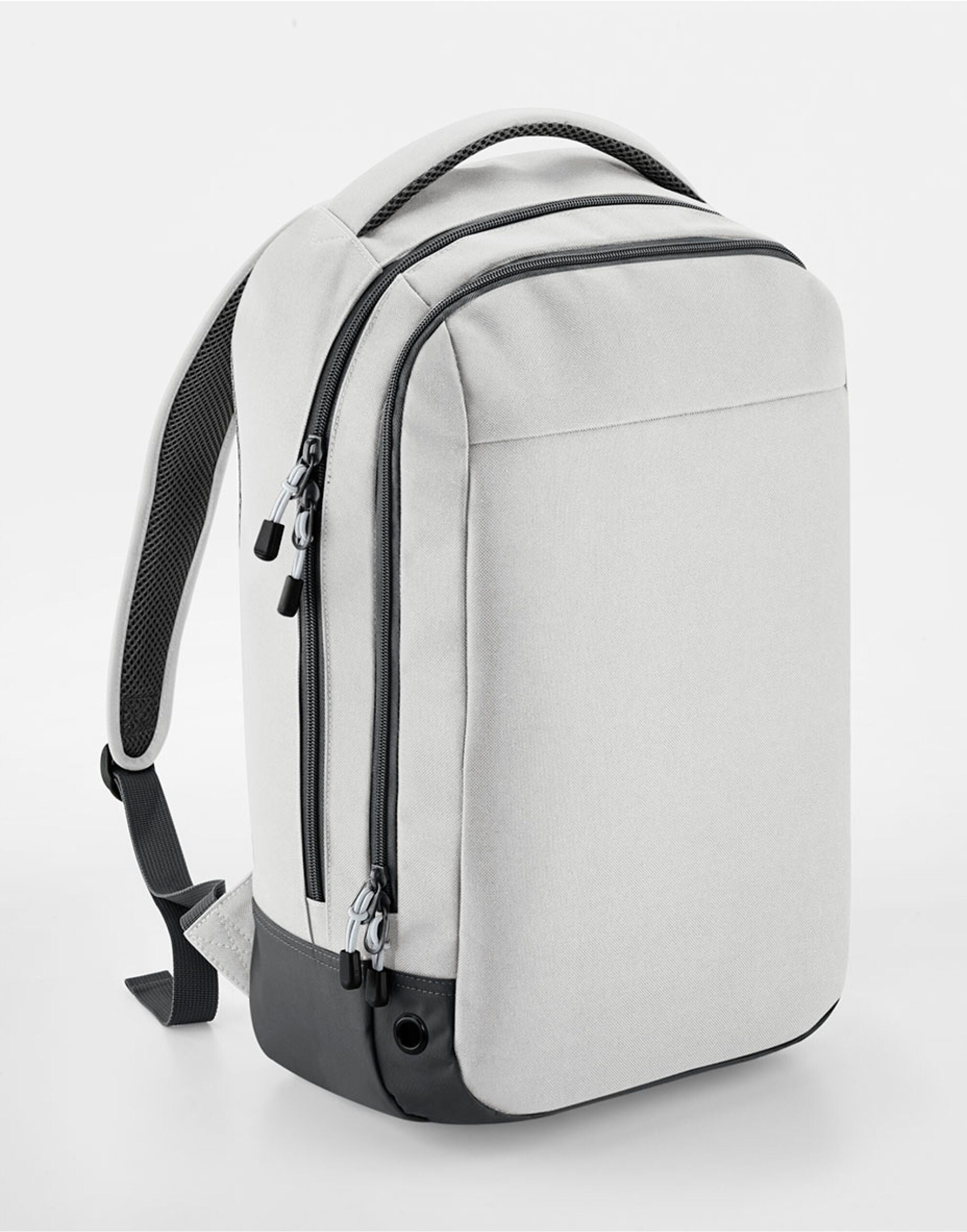 Frontal shot of the heather grey Bagbase Athleisure Sports Backpack, emphasizing its premium look.