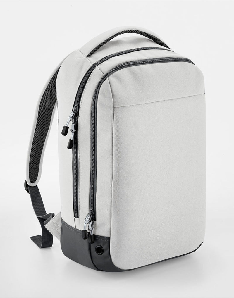 Frontal shot of the heather grey Bagbase Athleisure Sports Backpack, emphasizing its premium look.