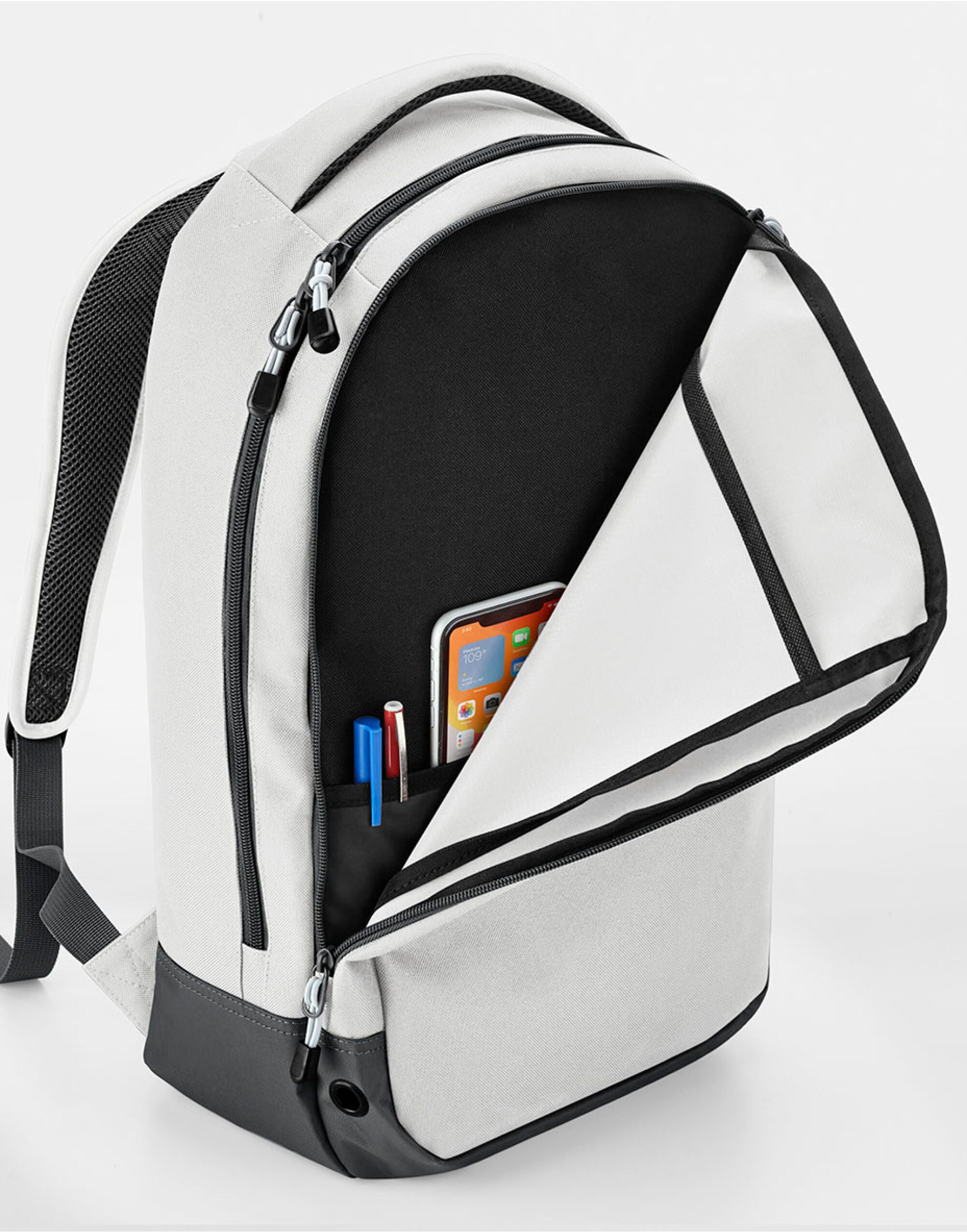 The top grab handle and padded straps of the black Bagbase Athleisure Sports Backpack.