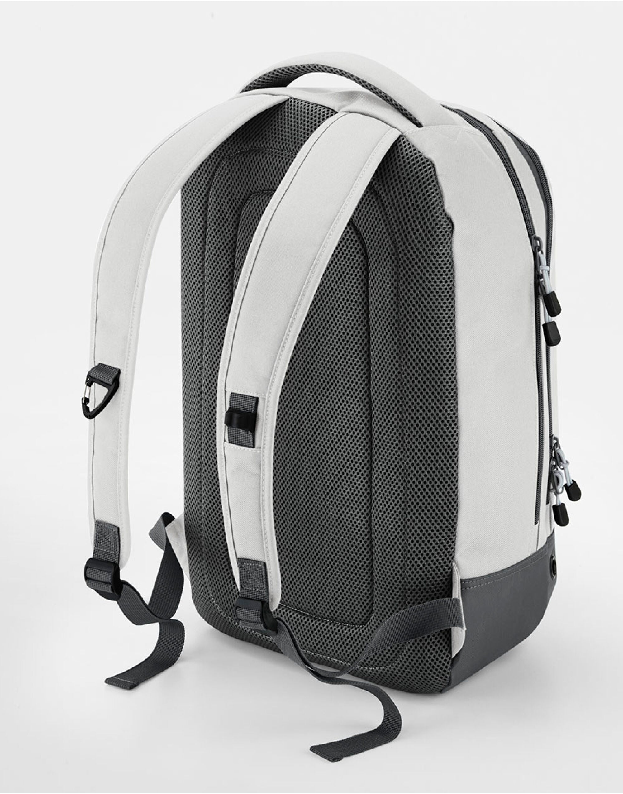 The heather grey Bagbase Athleisure Sports Backpack shown packed, illustrating its capacity.