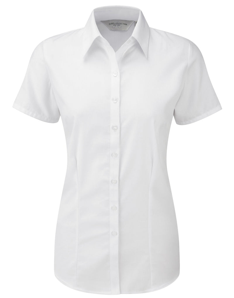 Russell Collection Ladies' Short Sleeve Tailored Herringbone Shirt - White