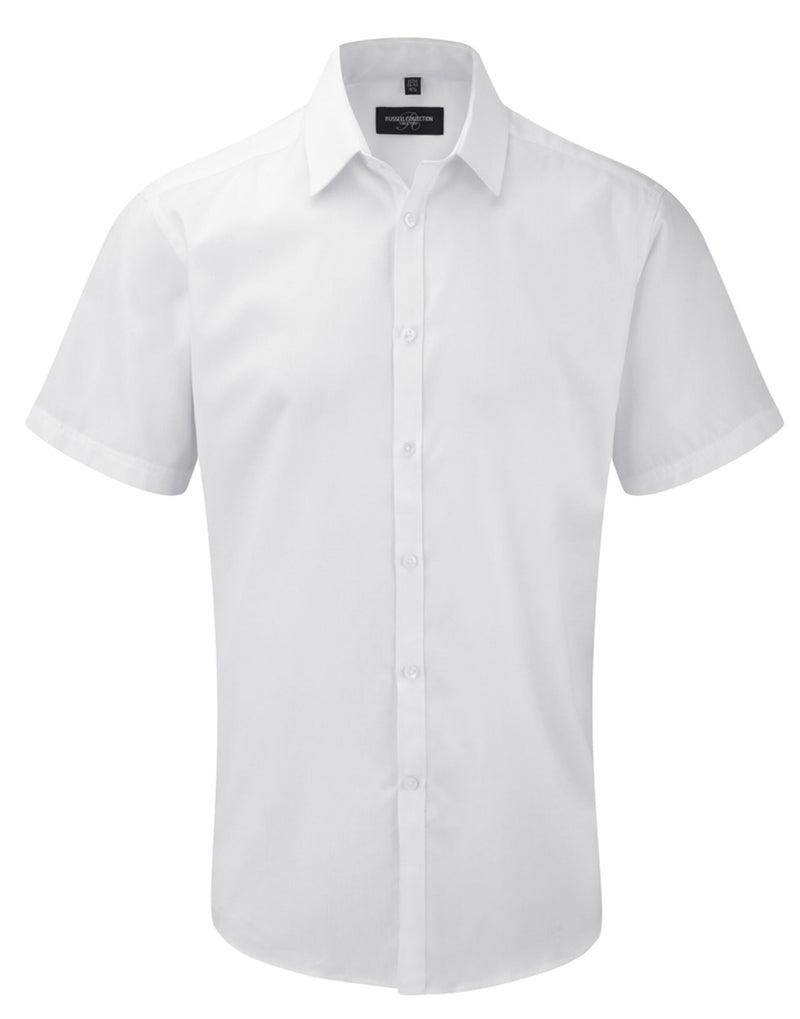 Russell Collection Men'S Short Sleeve Tailored Herringbone Shirt - White