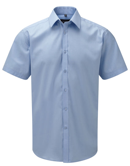 Russell Collection Men'S Short Sleeve Tailored Herringbone Shirt - Light Blue