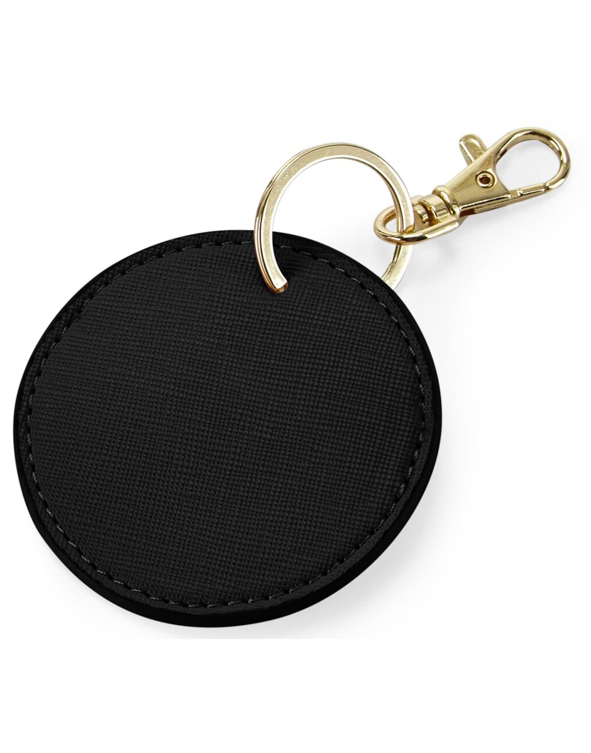 The Bagbase Boutique Circular Key Clip in black Saffiano faux leather with gold hardware.