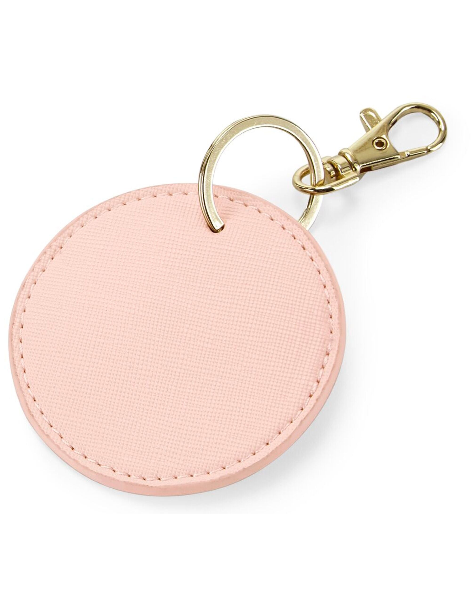 Detail of the high-quality gold metal hardware on the light grey circular key clip.