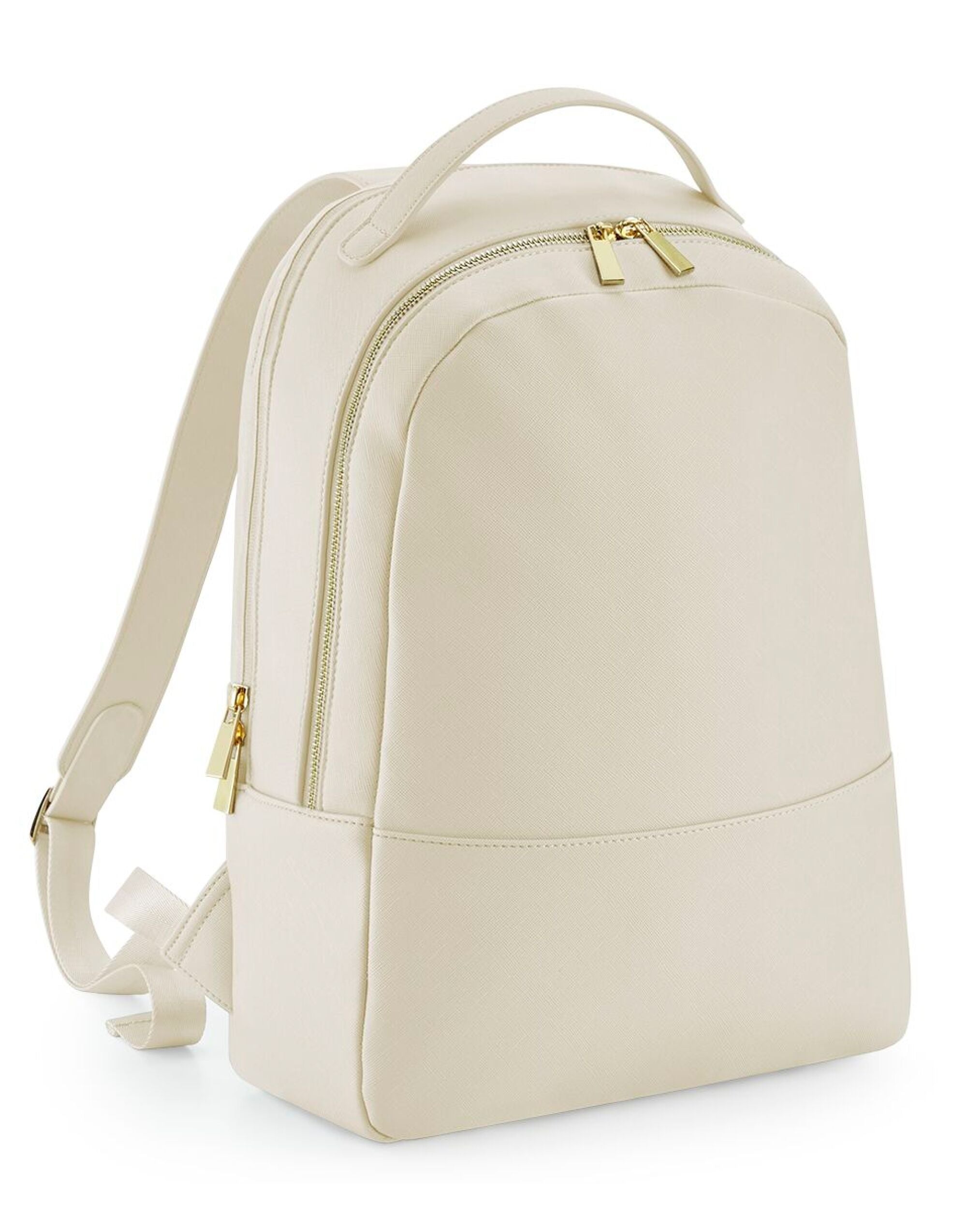 Angled view of the white boutique backpack, showing side profile.