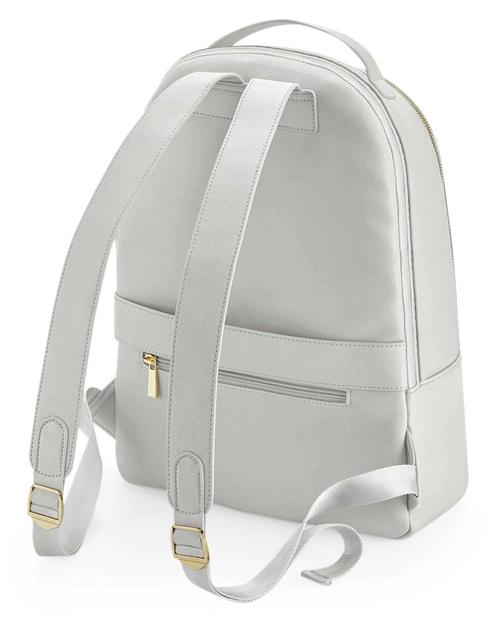 Detail shot of the gold zippers on the oyster-colored backpack.