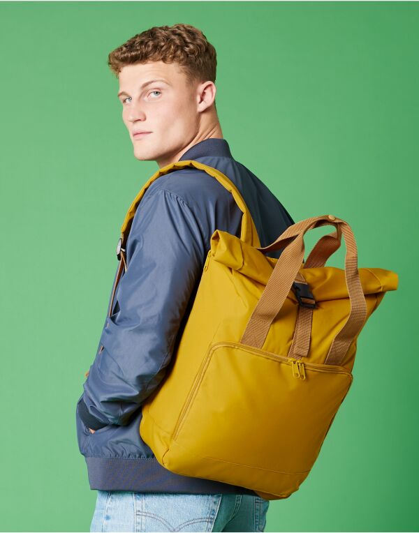 Front view of a classic yellow junior fashion backpack.