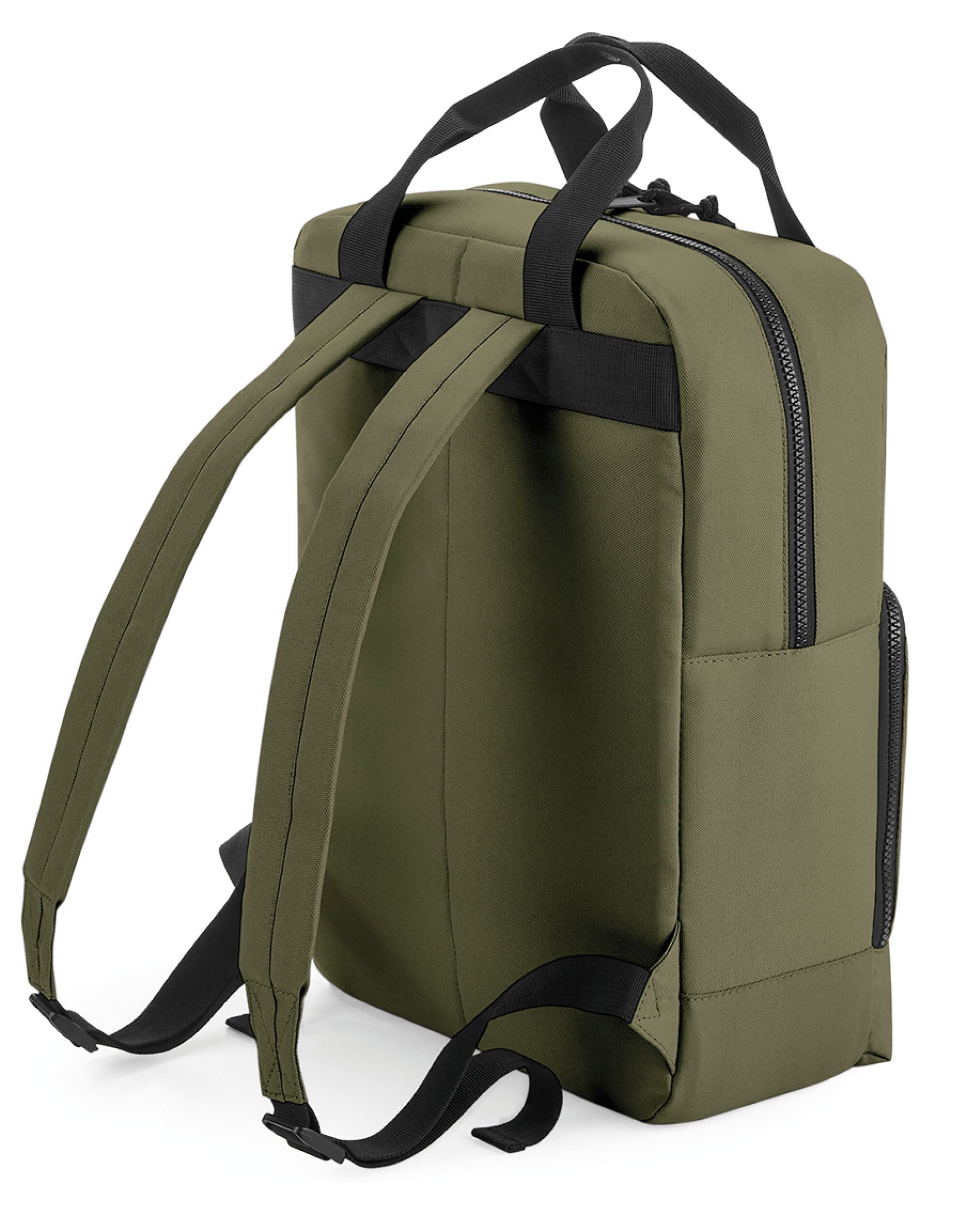 Front view of the compact Bagbase recycled mini cooler bag with its convenient zippered closure and webbing handle.