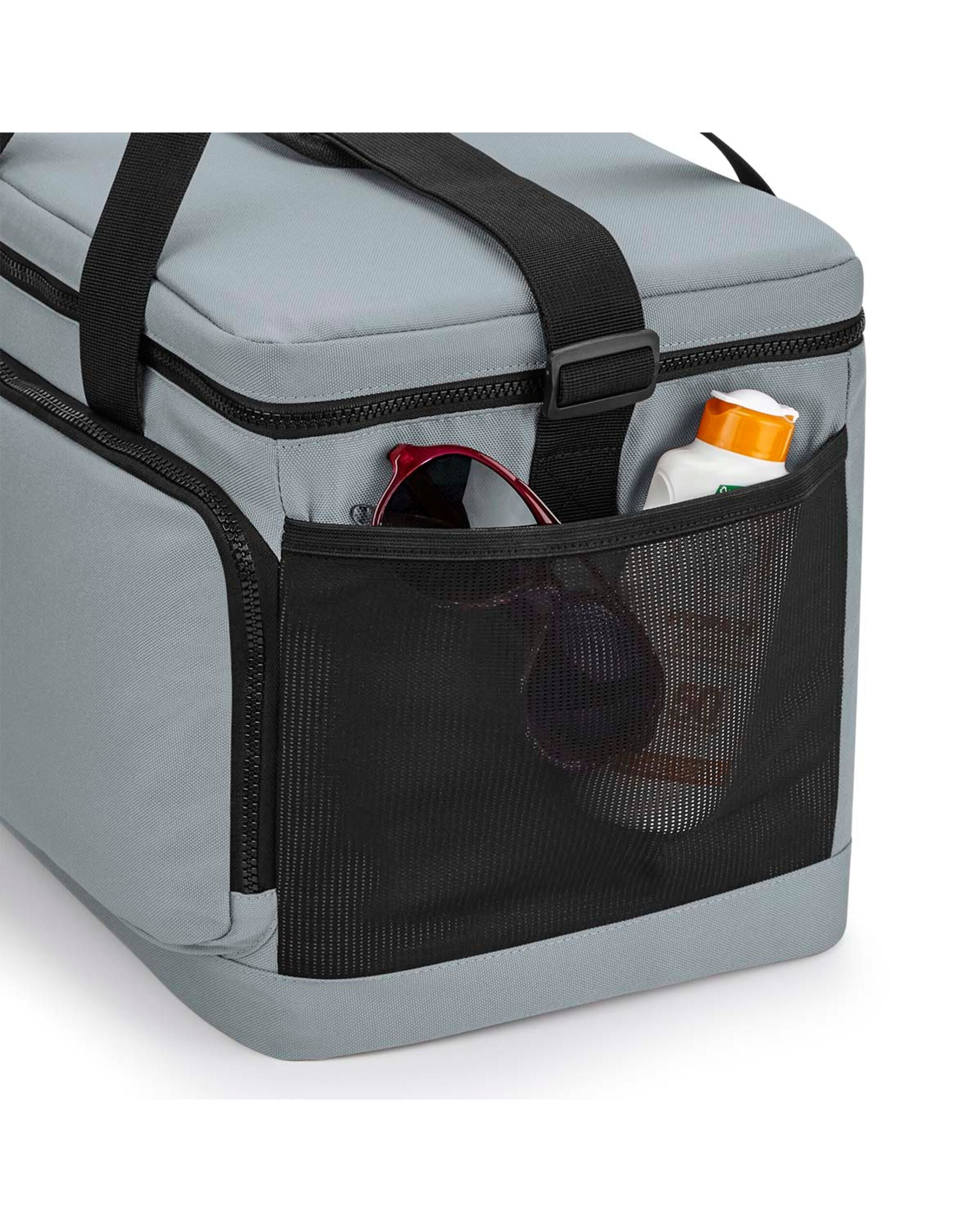 Light grey recycled large cooler shoulder bag with black adjustable strap.