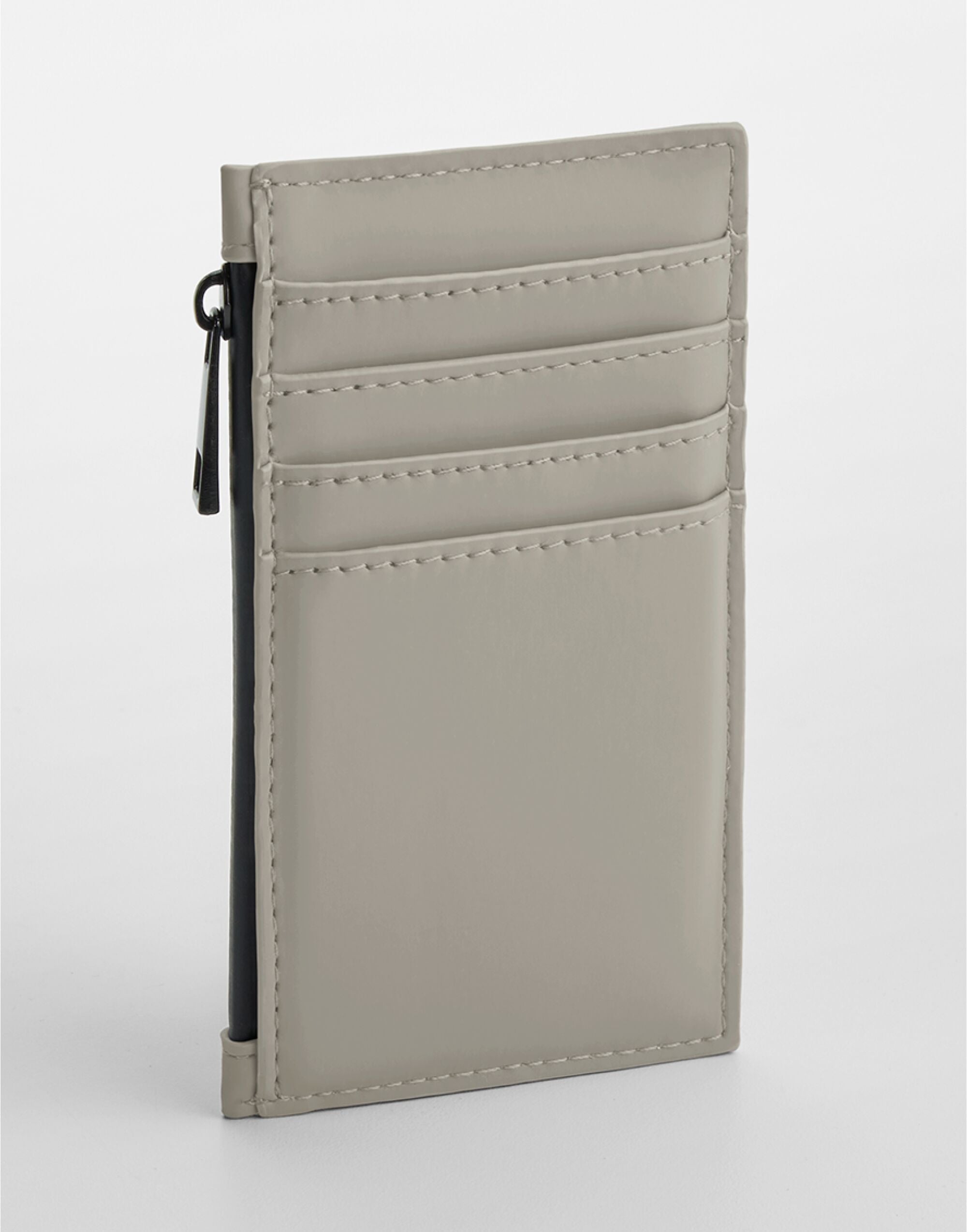 Angled view of the grey matte PU card holder.