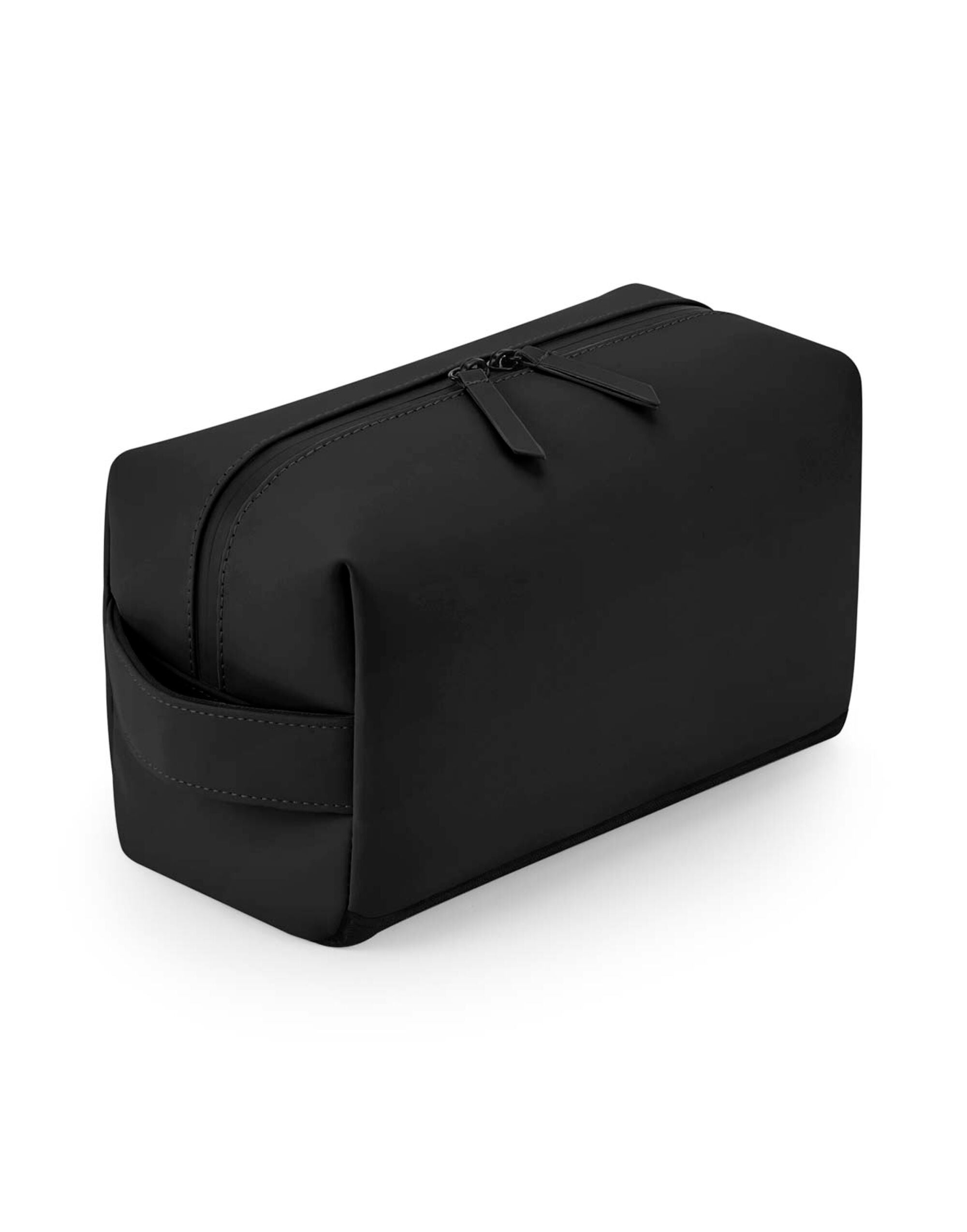Black matte PU toiletry and accessory case with gold zip.